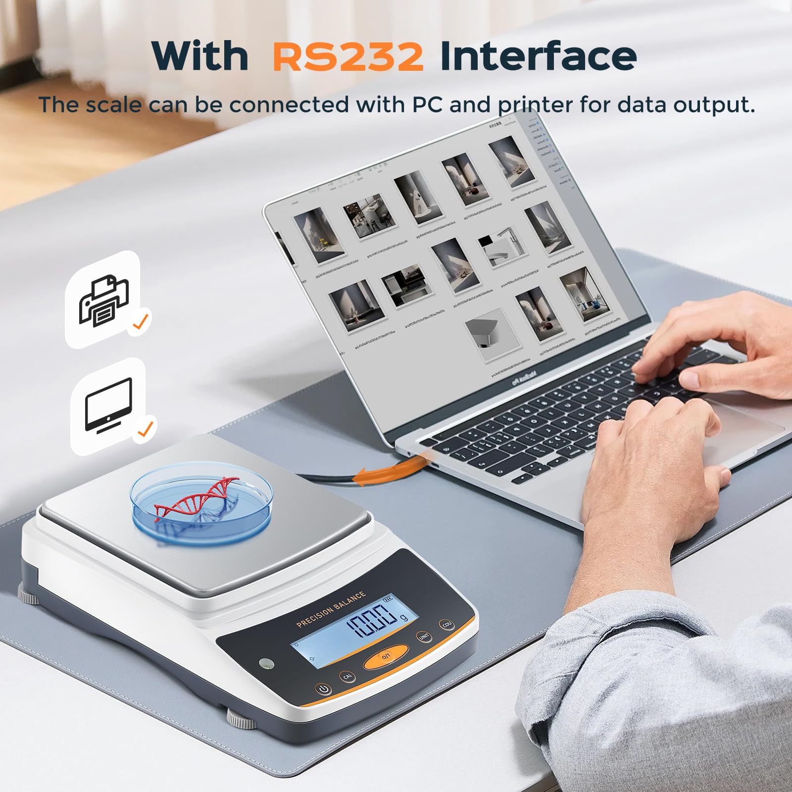 Bonvoisin Báscula de laboratorio: 5000 g x 0,01 g, báscula digital recargable con interfaz RS232, precisión de 0,01 g