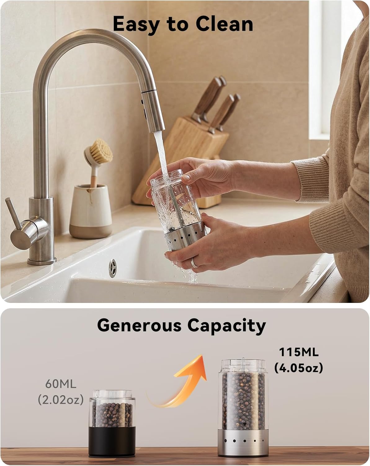 TOMEEM Rechargeable Electric Salt and Pepper Grinder Set, 115ml Large Capacity Stainless Steel Automatic Pepper Mill with Storage Base, LED Display and Light, 5 Adjustable Grind Settings
