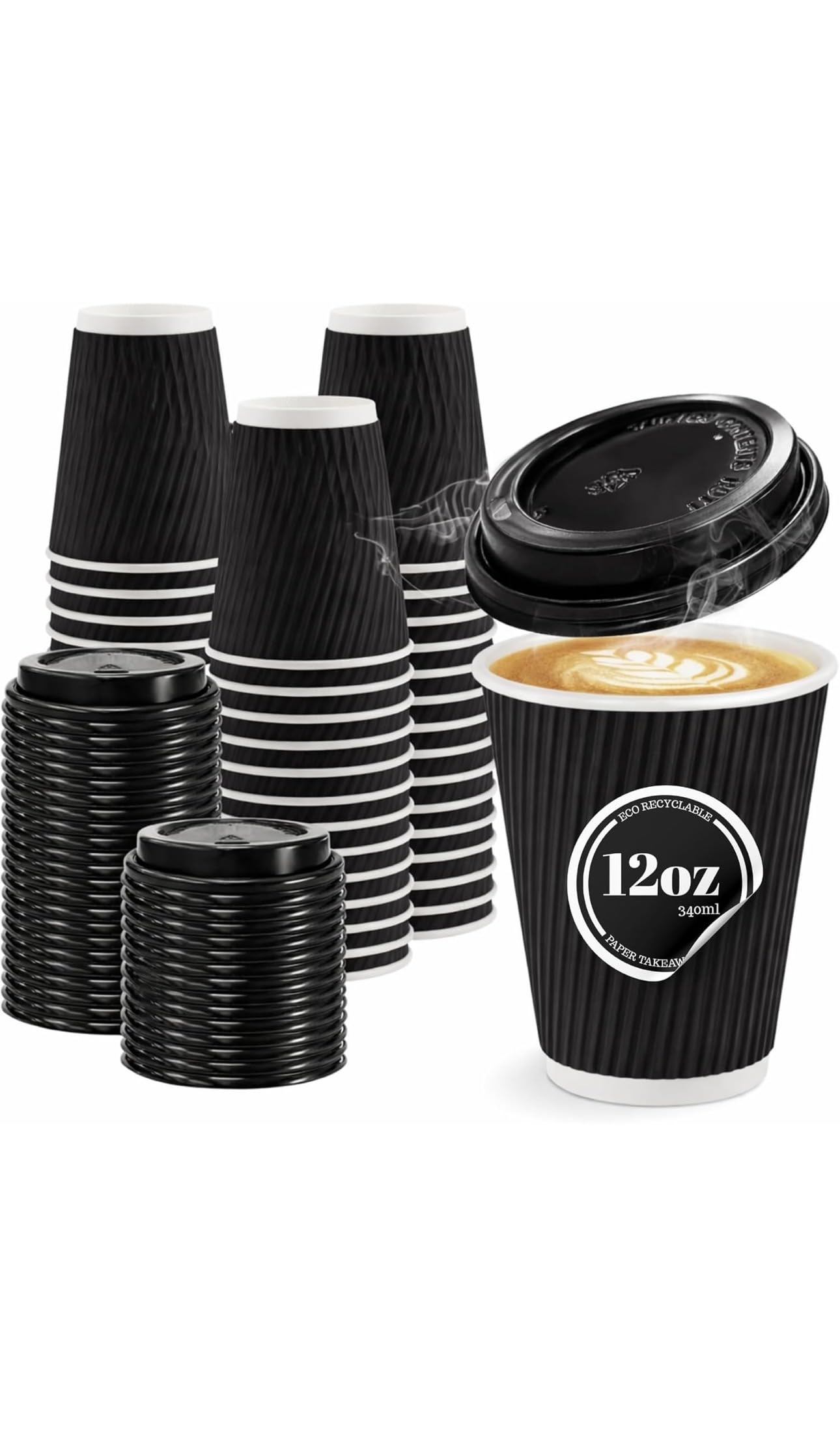 SmartCups 25 x 12oz Ripple Black Kraft Paper Cups with Lids - Strong 3-PLY Disposable Insulated Coffee Cups - Leak-Proof Recyclable Drinking Cups for Hot Drinks, Tea, Coffee and Beverages