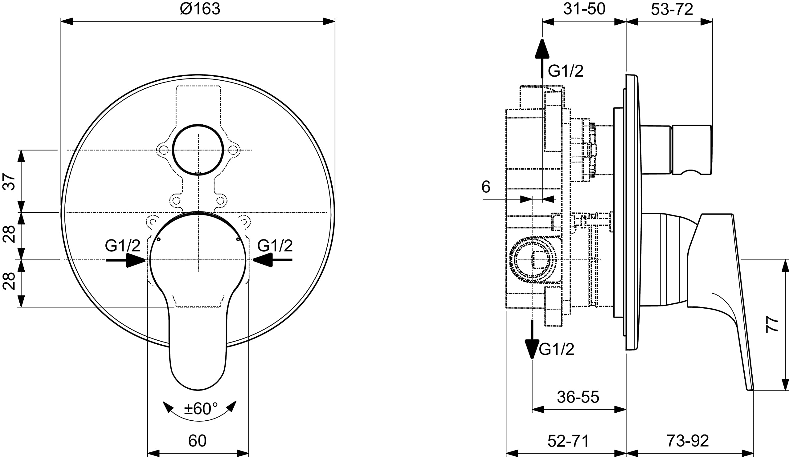 Ideal Standard - Cerabase, Mezclador monomando para bañera o ducha empotrado, Dos vías, Piezas exteriores, cromado