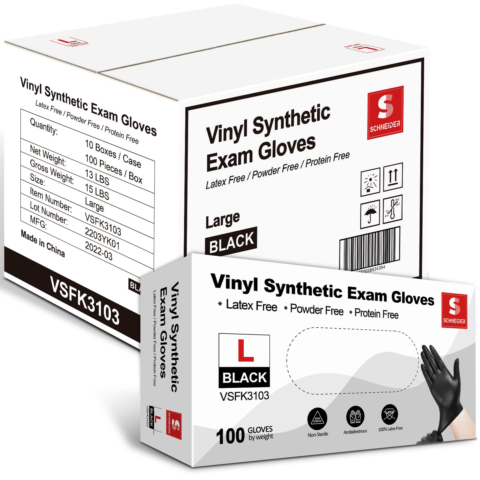 Schneider Black Vinyl Exam Gloves, LatexFree, PowderFree, Disposable