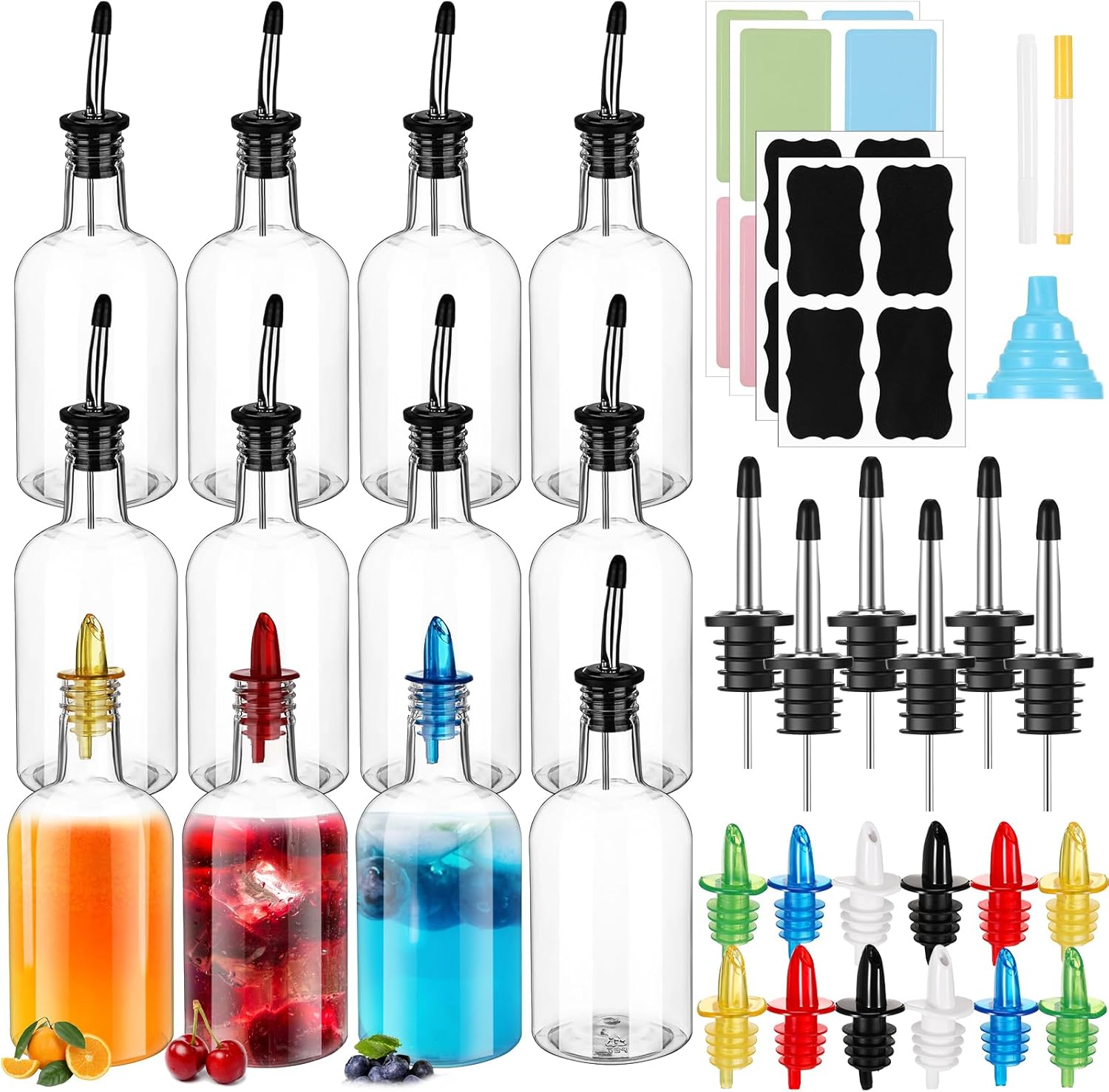 Maxcheck 6 Set 16 oz Plastic Long Neck Bottles with Rainbow Pourer and Caps Plastic Juice Pour Bottles with Stainless Steel Pourer Tapered Spout Syrup Pourers for Liquor Juice Store