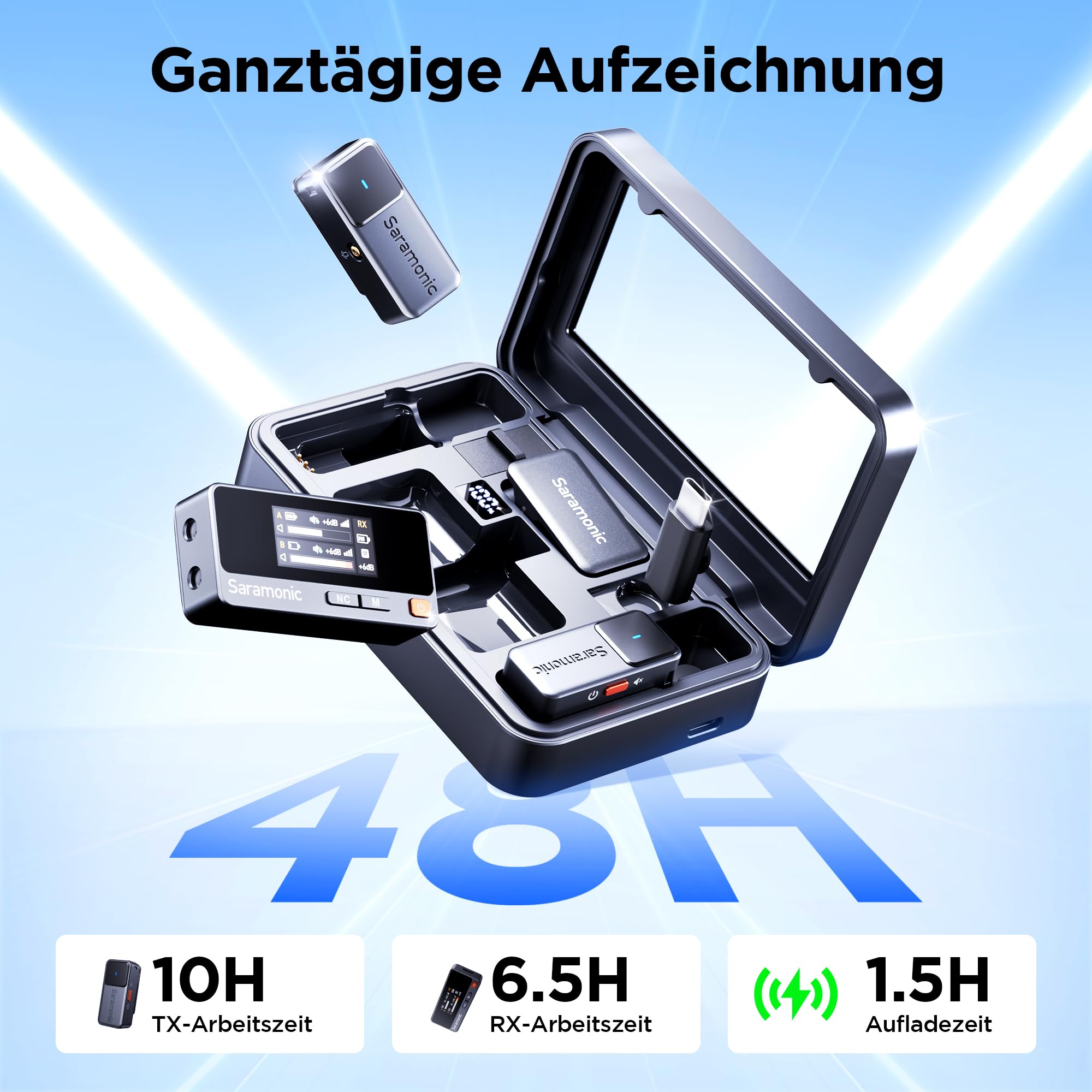 Saramonic Air Wireless Lavalier Mikrofon – Tragbare Ladecase, Ø9,7 mm Mini-Ansteckmikrofon mit 48 kHz/24 Bit, 90 dB SNR für iPhone 15/16 Serie, für Vlog, TikTok