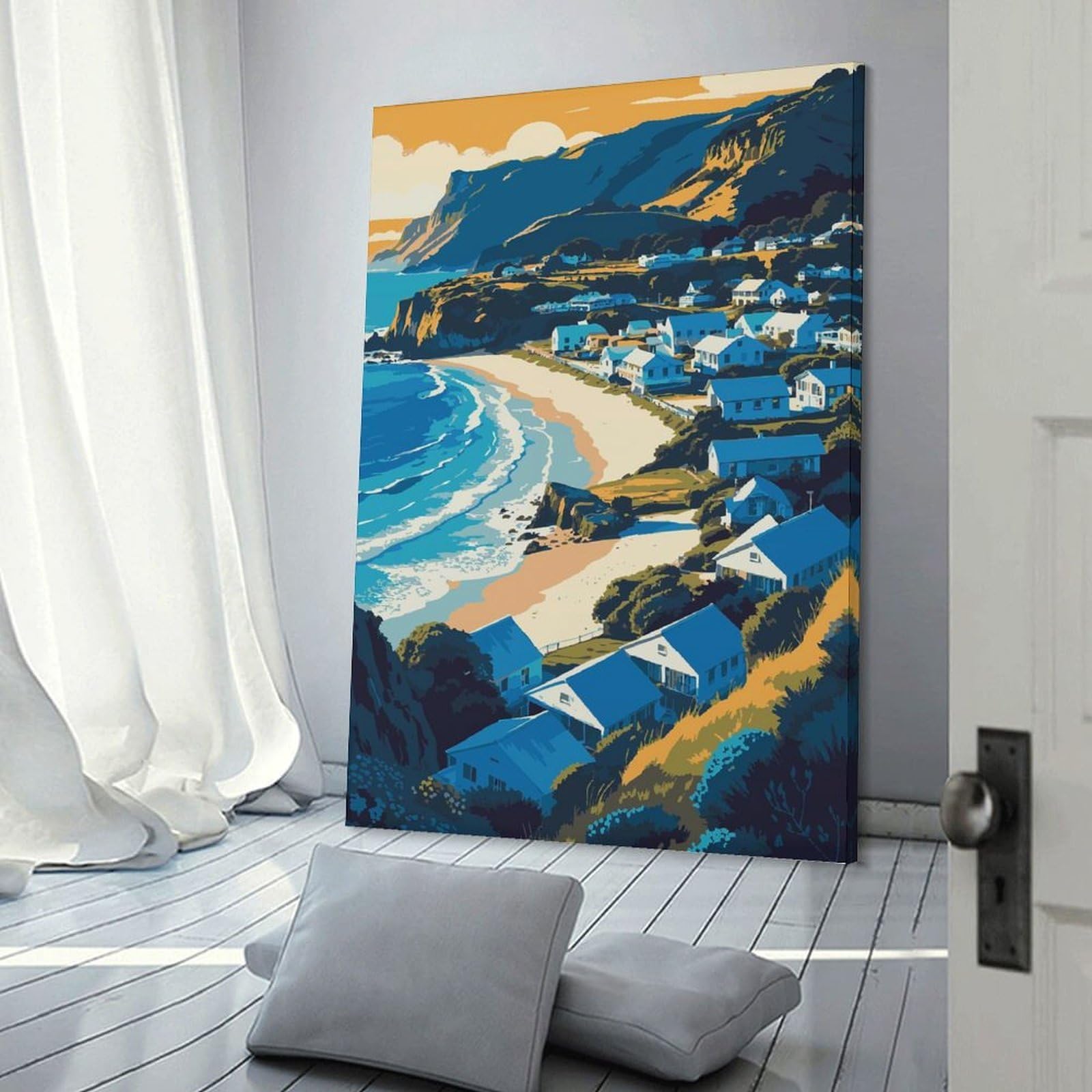 Junmoney Home Decor Wall Art Coastal Village Landscape Illustration, 08x12inch(20x30cm), for Workspace Walls, Study Corners Or Bedrooms, A Smart Decor Choice for Study Walls