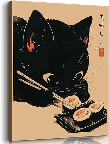 AAWYXEEW Bonito póster de sushi con gato negro que come sushi japonés, arte de pared, divertido arte de comida de animales, impresiones artísticas