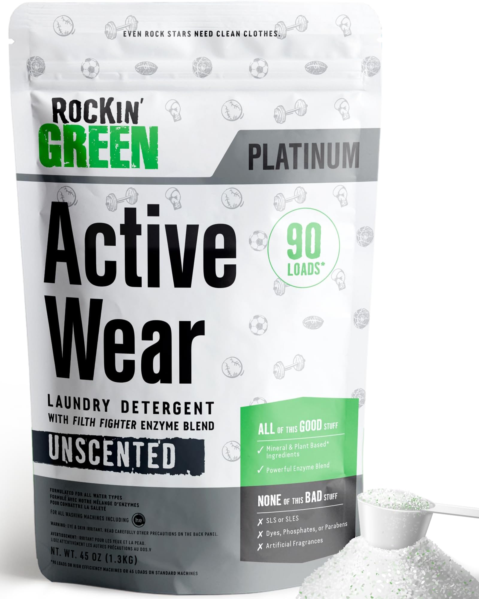 Active Wear Laundry Detergent Powder & Odor Eliminator for Sportswear & Workout Clothes, Plant-Based Enzymes Target Sweat & Odor, Dermatologist Tested, Unscented, 90 Loads