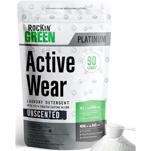 Rockin' Green Active Wear Laundry Detergent Powder & Odor Eliminator for Sportswear & Workout Clothes, Plant-Based Enzymes Target Sweat & Odor, Dermatologist Tested, Unscented, 90 Loads