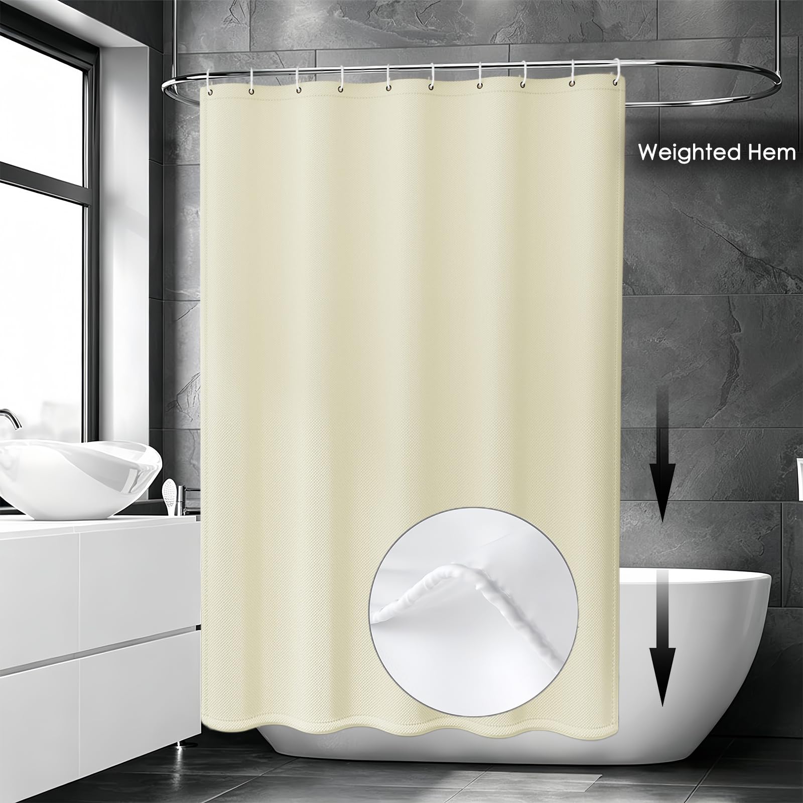 Rideau Douche 200 x 110 cm Rideau de Douche Court pour Salle de Bain Résistant à l'eau et à La Moisissure, Tissu Polyester Lavable en Machine, avec 12 Crochets, Couleur Crème
