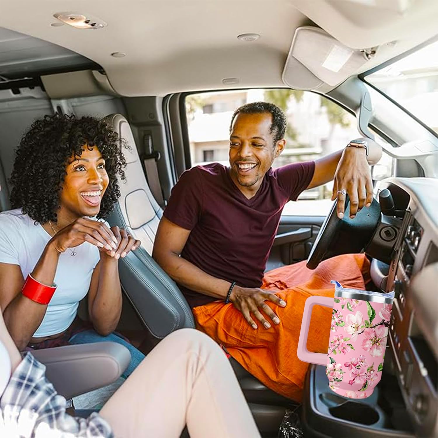 Pink Flowers Tumbler 40 oz Tumbler with Handle and Straw Lid Leak Proof - Pink Floral Coffee Travel Mug with Handle Insulated for Hot and Cold Drink Ice - Christmas Birthday Gifts for Women Lovers Cup - Image 5