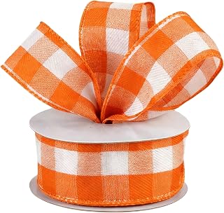 Meseey Orange and White Checkered Wired Ribbon 1.5 Inch Fall Plaid Ribbon for Thanksgiving Halloween Wreath Crafts & Holiday Decor