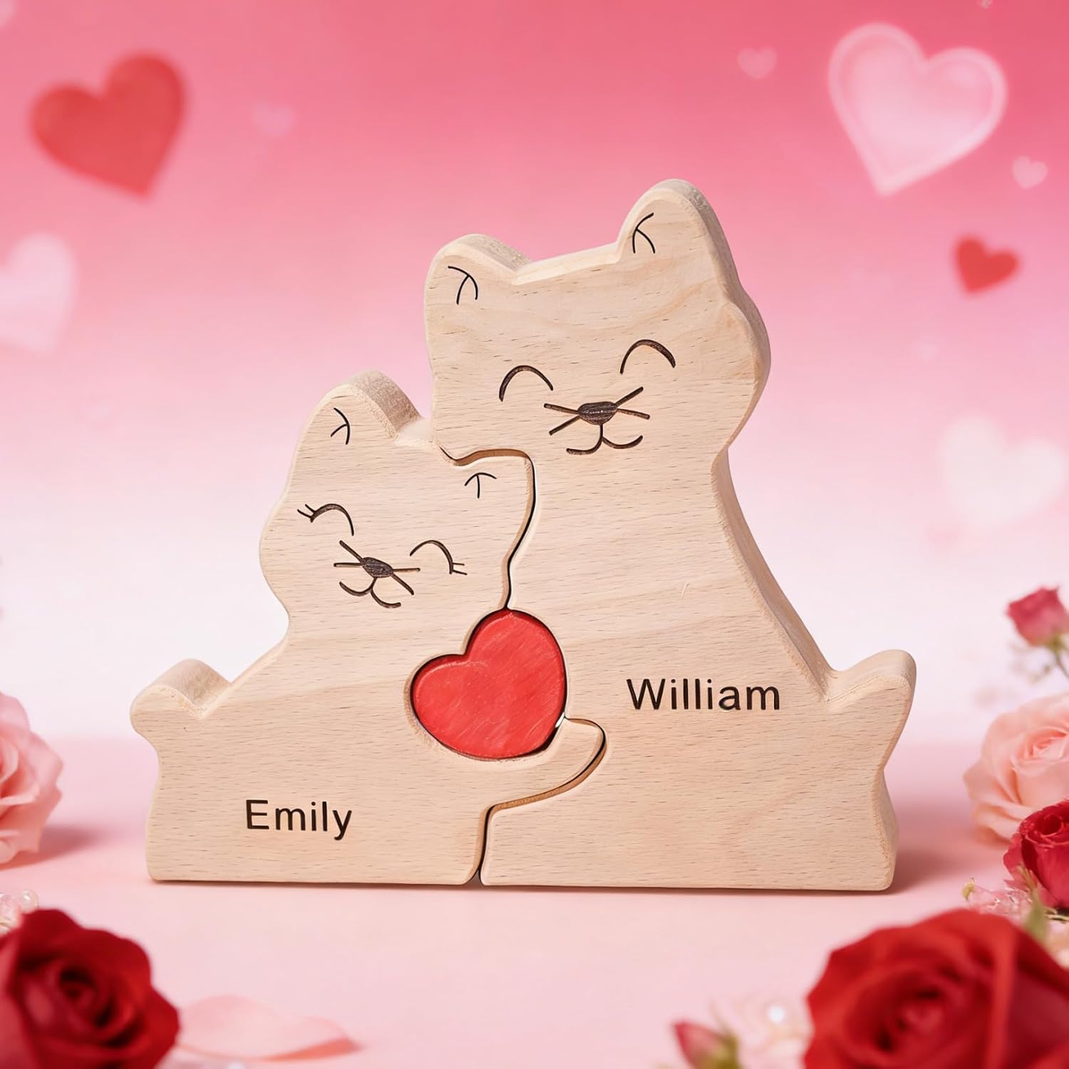 Personalized Gifts for Couple Wooden Puzzle Sign with Couples Name Wooden Name Puzzle for Her Custom Valentine's Day Gifts for Girlfriend Boyfriend (Cat-2)