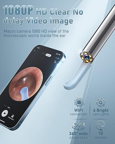 Miniatura 2 de Cámara de otoscopio, otoscopio con luz, eliminación de cera de oídos con 7 púas de oído, otoscopio de oído con 1080P, otoscopio inalámbrico con 6