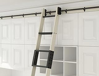 DIYHD 120" Unfinished Pine Wood Sliding Library Ladder with Metal Step Rolling Ladder