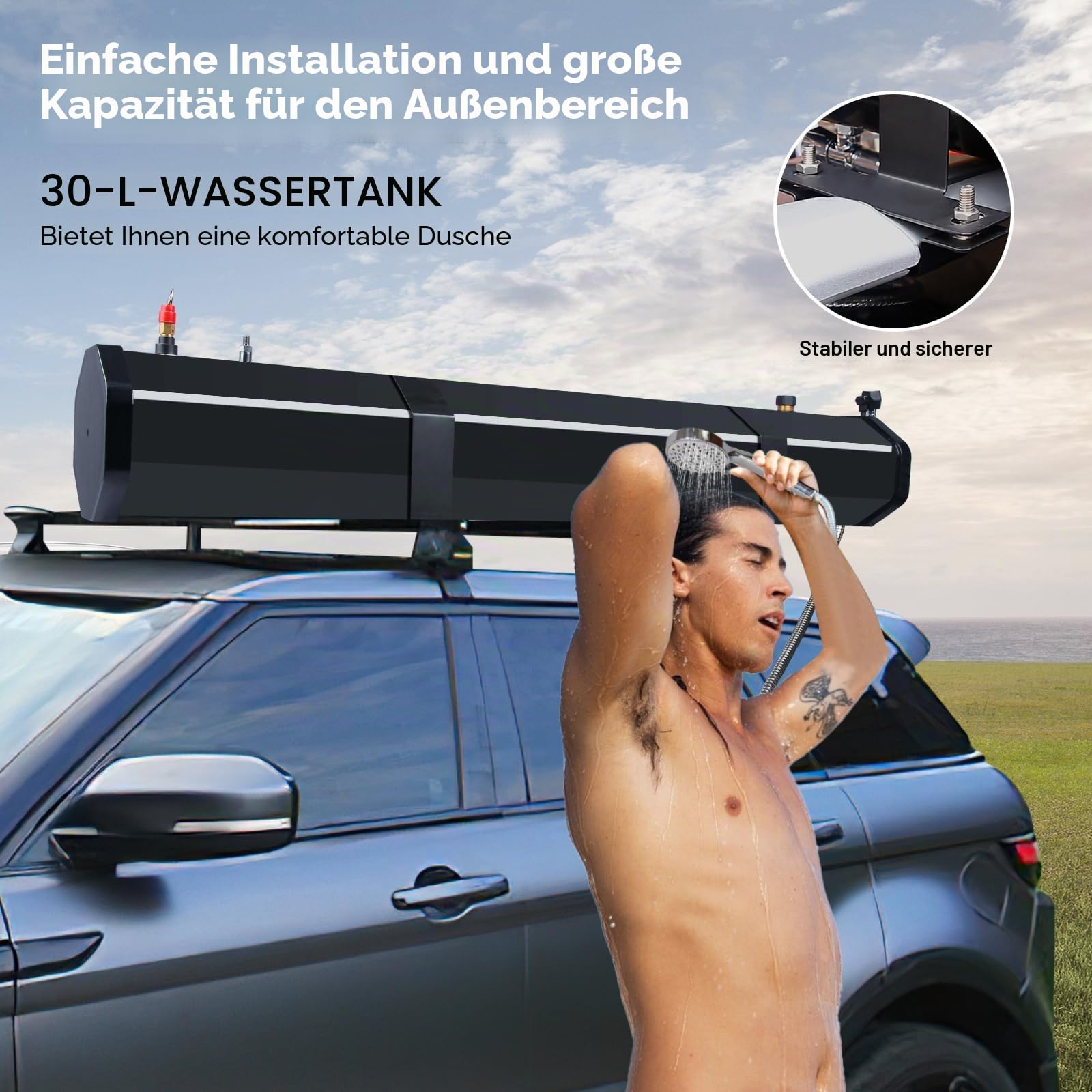 Dachgepäckträger-Wassertank Wasserspeicher für Fahrzeuge 30 L Außen-Dusche mit Druckpumpe, Duschkopf und Schlauch für Kofferräume Überrollbügel Querträger- Wohnmobil Camper Caravan Offroad, Pickup SUV