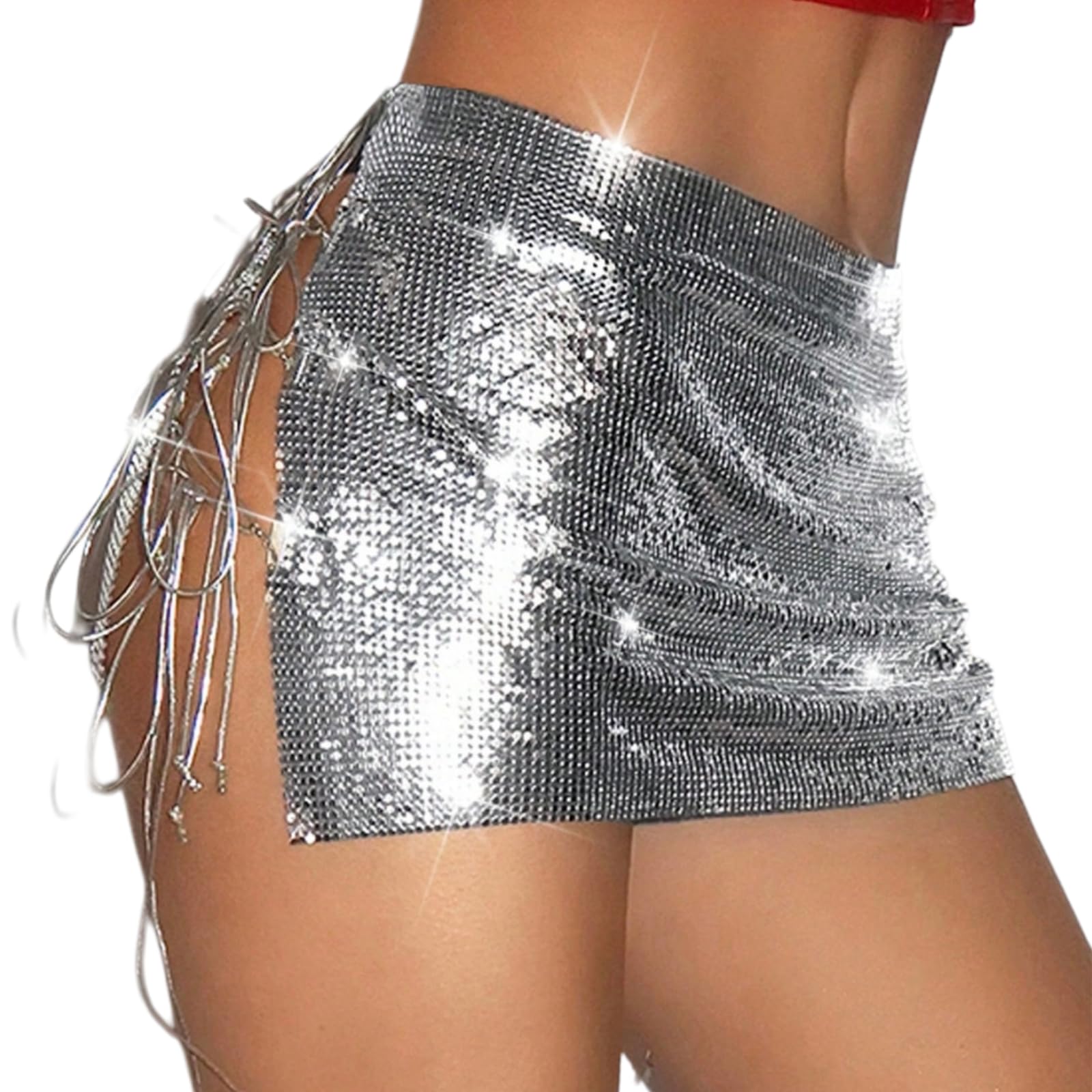 Minigonna Donna Paillette Lato Lace Up Mini Gonna Sexy Metallico Party Clubwear, Bodycon con Regolabile Up-Silver-m