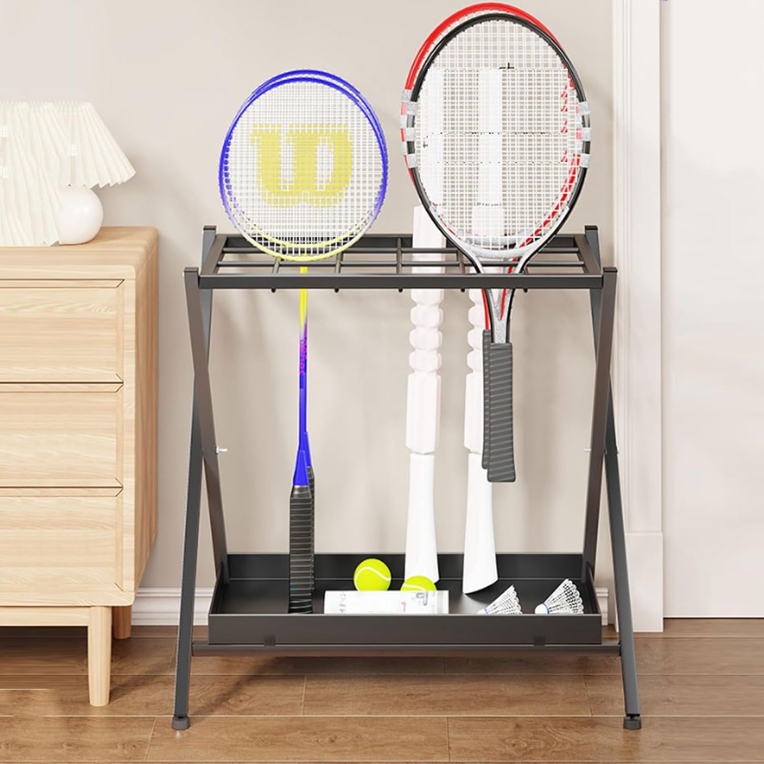 Foldable Tennis Racquet Storage Rack,Floor-Standing Badminton Racket Storage Rack,Sports Equipment Cart,for Training Ground