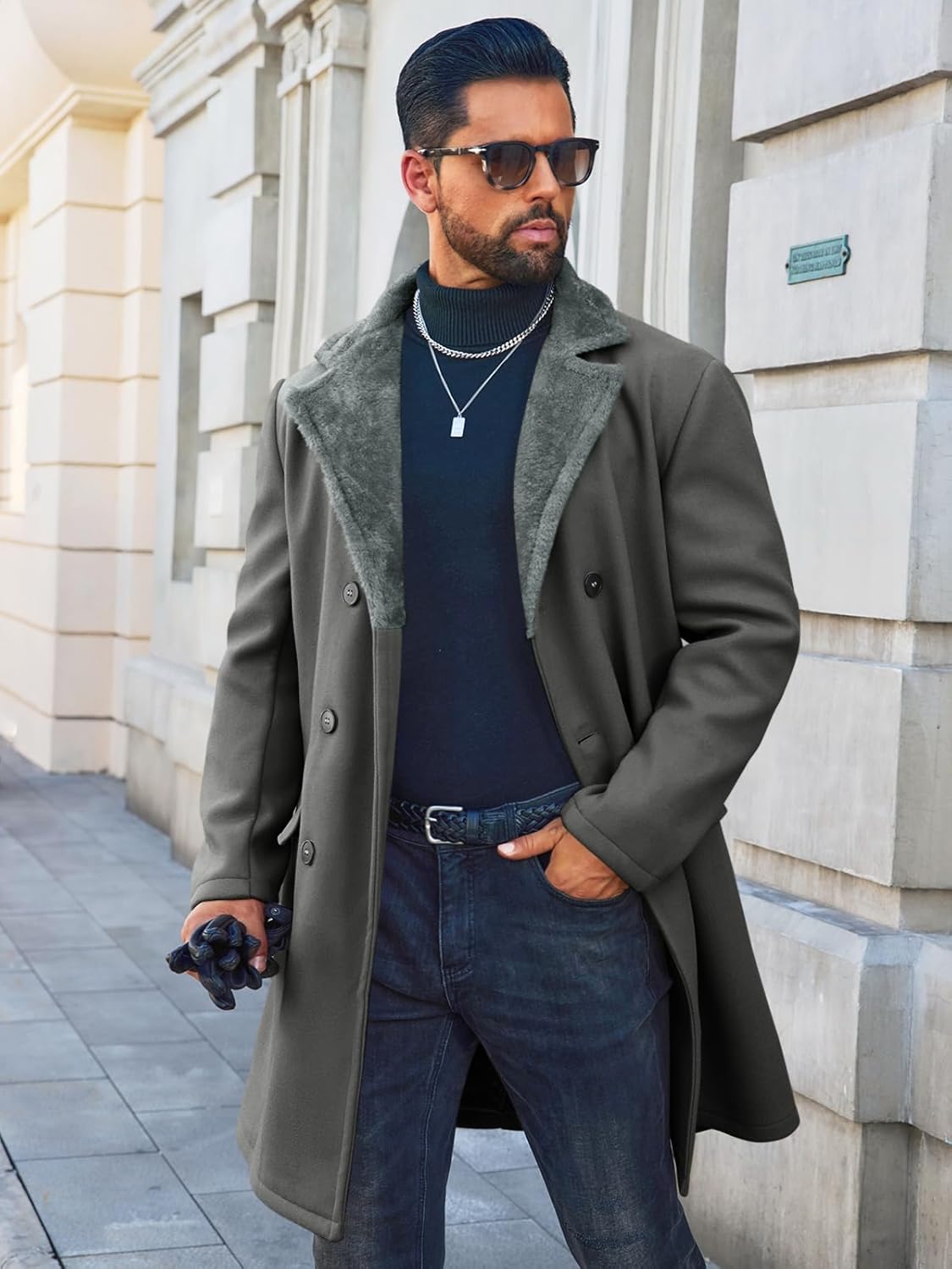 Runcati Mens Trench Coat Double Breasted Notched Collar Fleece Jacket Slim Fit Fall Winter Fuzzy Pea Coats Warm Overcoat - Image 2