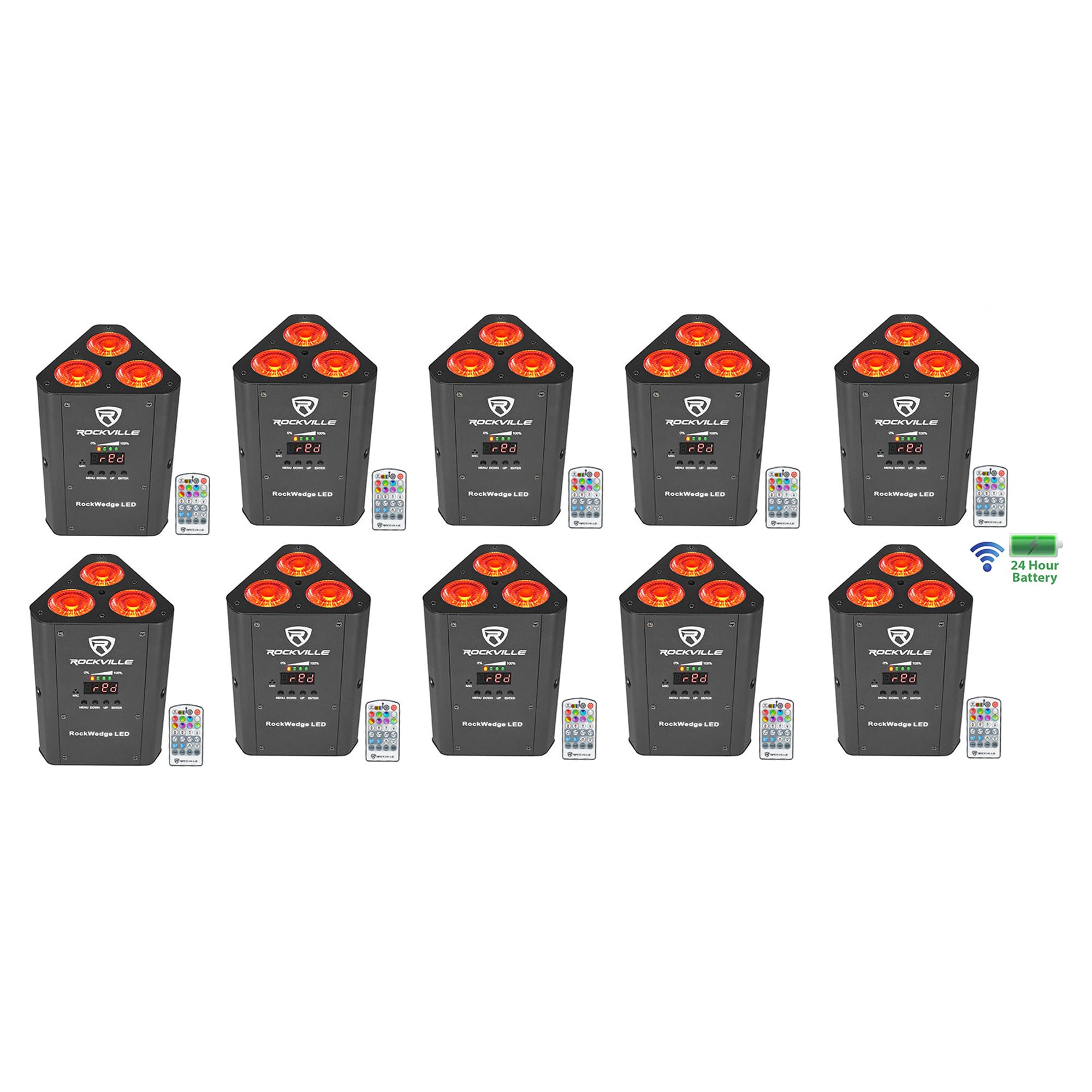 (10) Rockville RockWedge LED RGBWA+UV Rechargeable Wireless DMX DJ Par Up-Lights