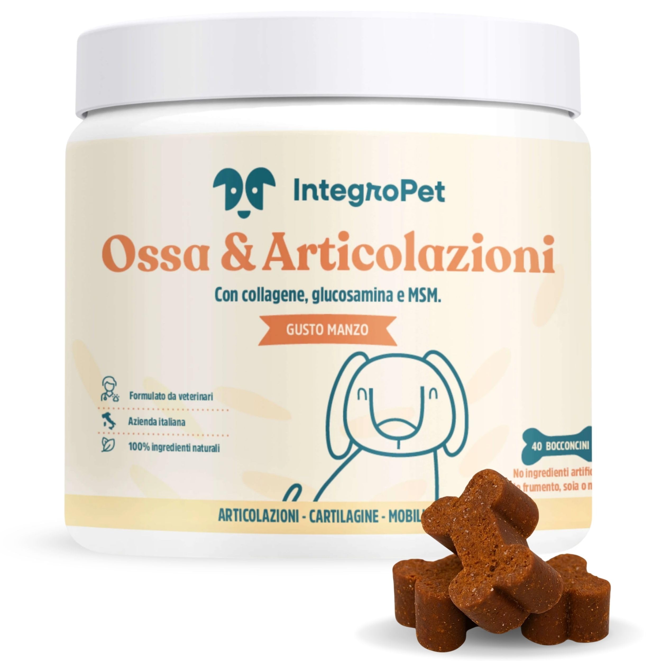 Integratori per Cani Ossa e Articolazioni Gusto Manzo - Integratore Articolazioni Cane per Favorire Lo Sviluppo o Mantenere la Mobilità
