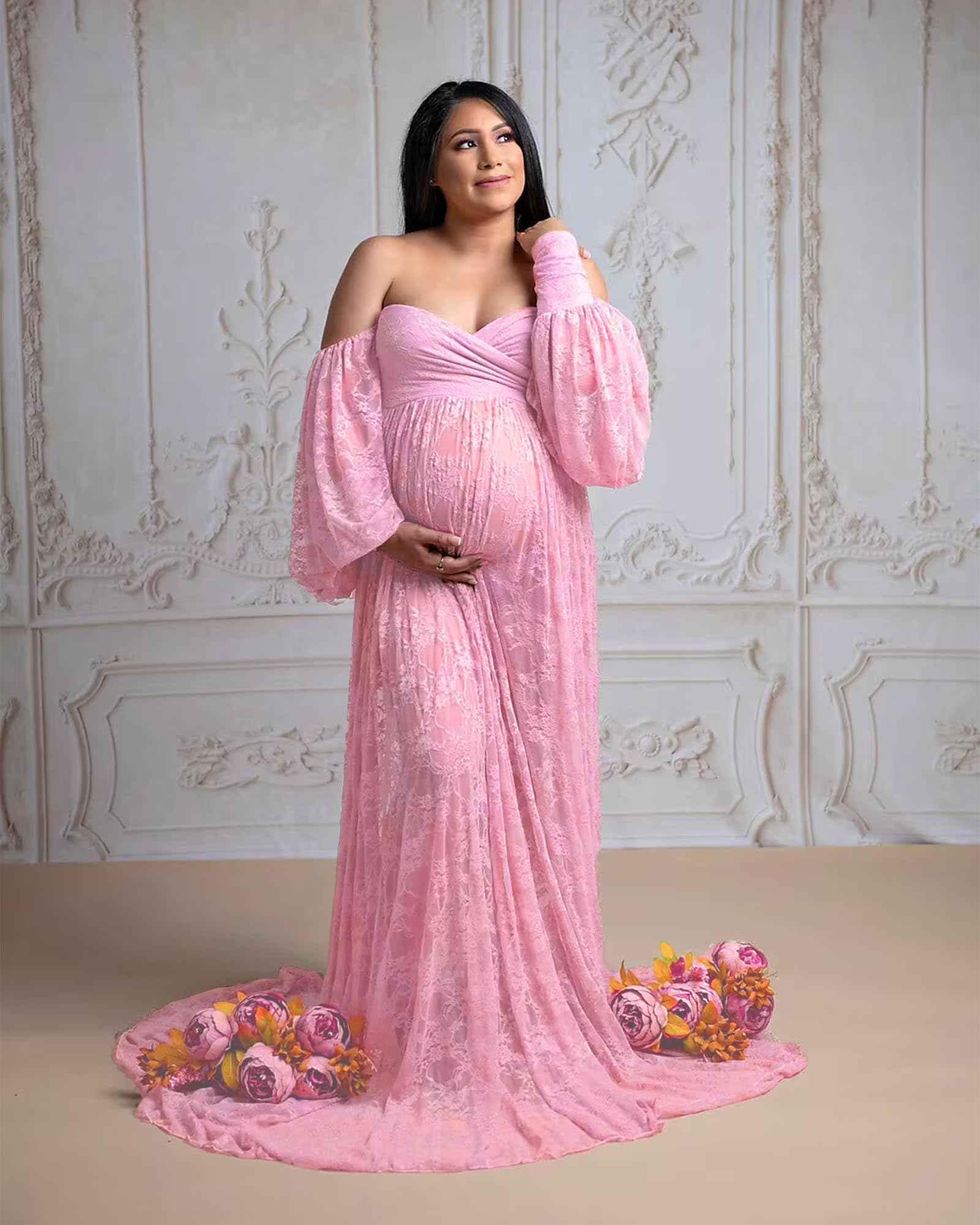 Saslax Weiche, dehnbare Spitze, schulterfrei, doppelt geteilter A-Linien-Rock, Umstandskleid, Schwangerschaftskleid, Maxikleid für Fotoshootings