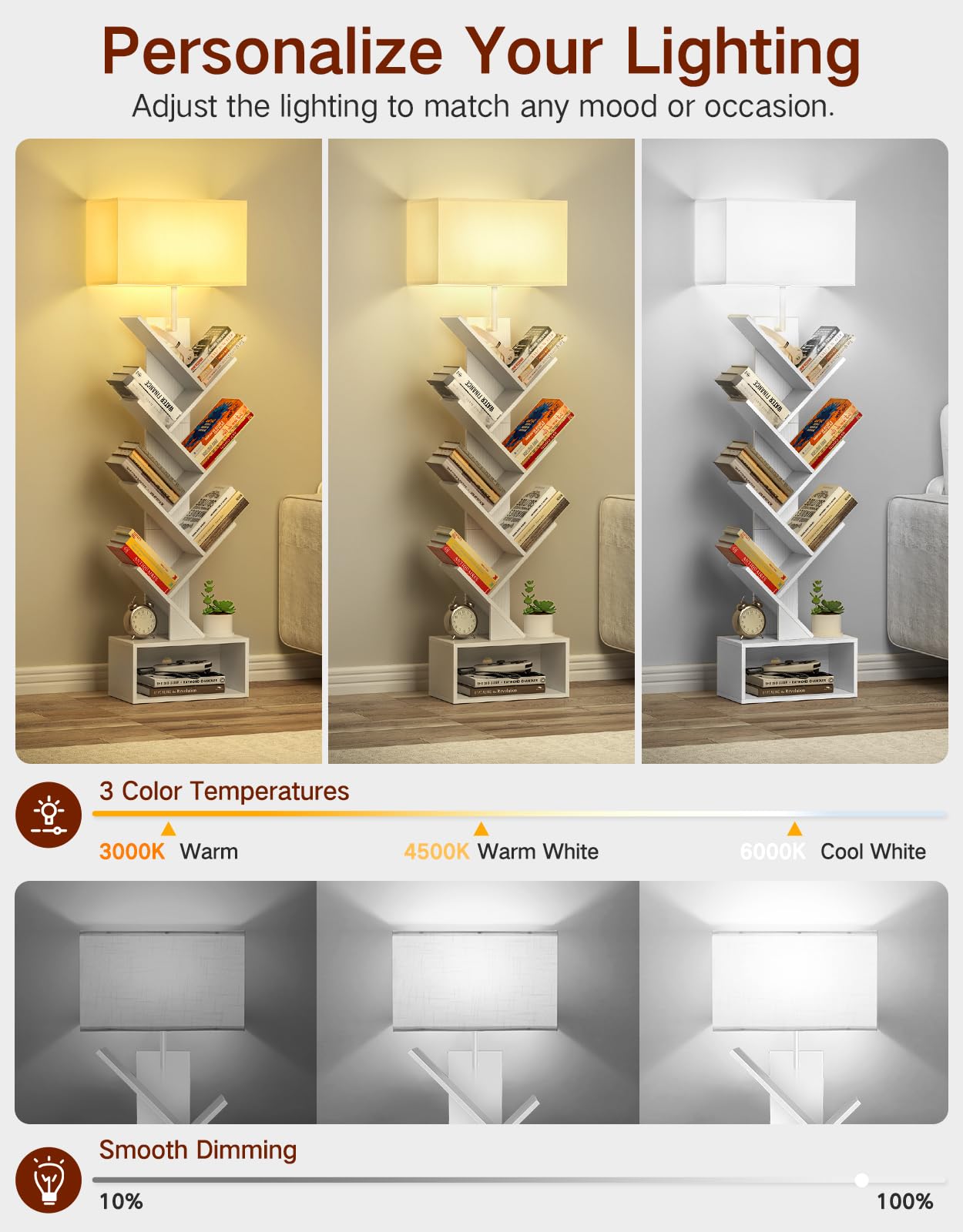 Libreria a Forma di Albero in Legno con Luce, Scaffale Autoportante a 6 Ripiani ad Angolo con Telecomando – Libreria Salvaspazio per Libri, CD, per Soggiorno, Studio, Ufficio (Bianco)