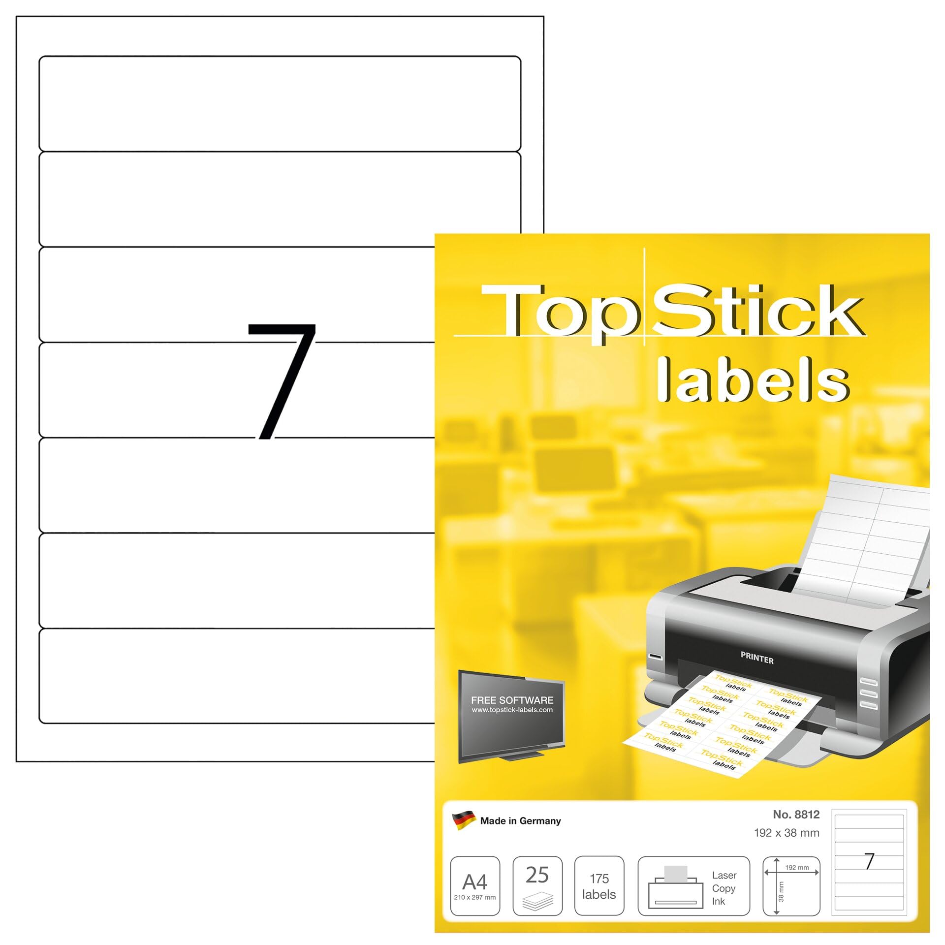 TopStick Etichette autoadesive per dorso, 7 etichette per foglio A4, 800 fogli, 192 x 38 mm, 5600 etichette, etichette adesive vuote per cartelle a leva, per stampanti laser e inkjet, bianco