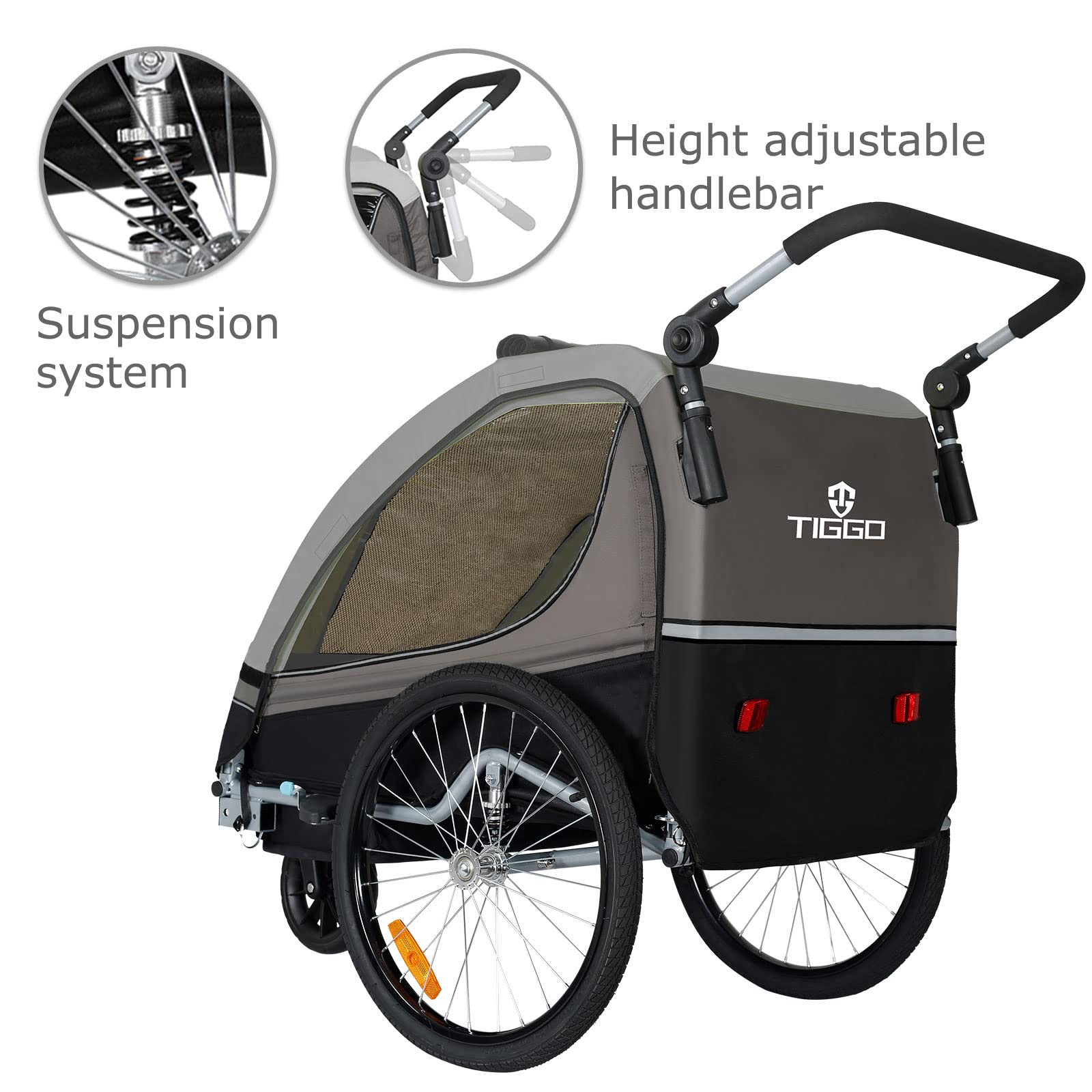 Remorque Vélo Enfant Tiggo S2 2en1 - Poussette Jogger - Suspension - Ceinture 5 Points - 40kg Max