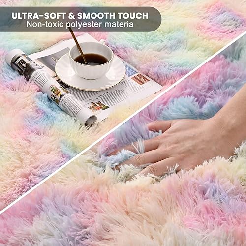 Miniatura 4 de Terrug Alfombras de área esponjosas para sala de estar, dormitorio, 3 x 5 pies, teñido anudado arco iris, alfombra grande, antideslizante, moderna