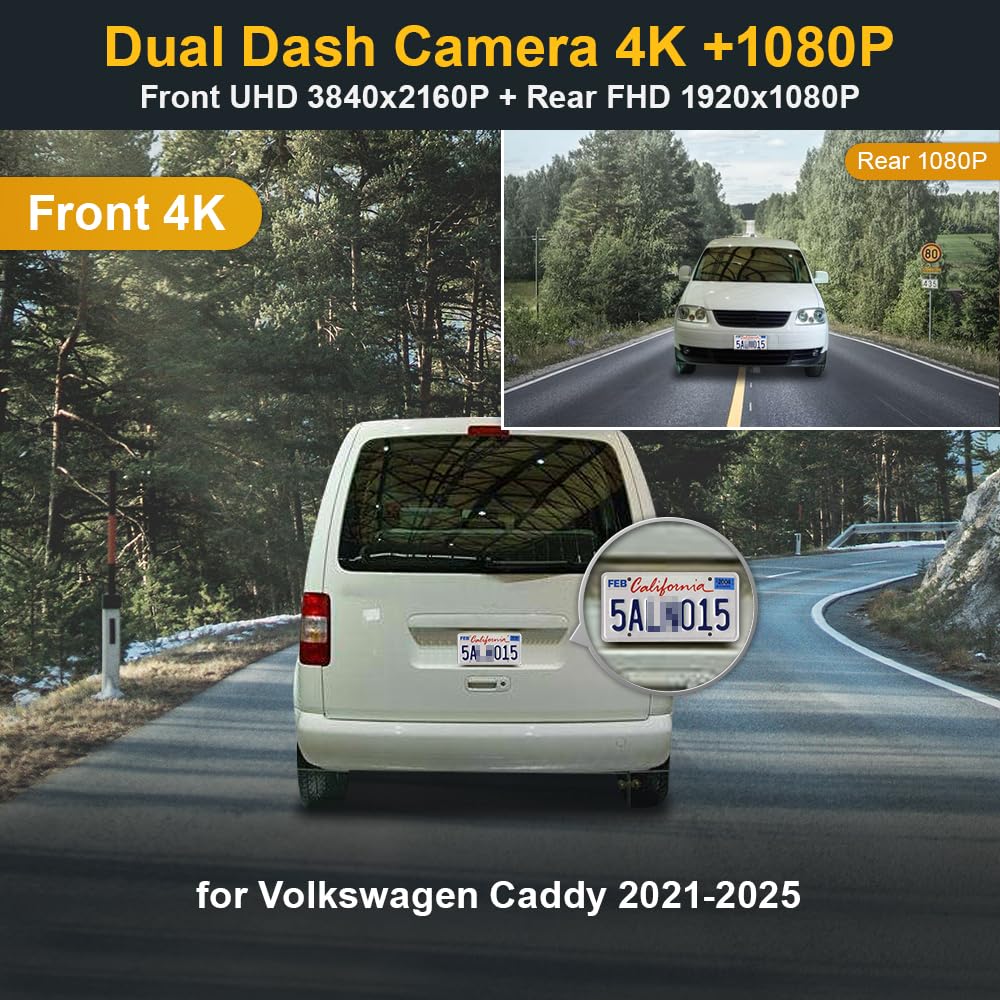 Fitcamx Dash cam Anteriore 2160P+Posteriore 1080P Adatta per Volkswagen Caddy 2021-2025 (D8500), OEM, Doppio Video HD Wifi, Monitoraggio Parcheggio, Sensore G, Registrazione in Loop, WDR, Scheda 128GB