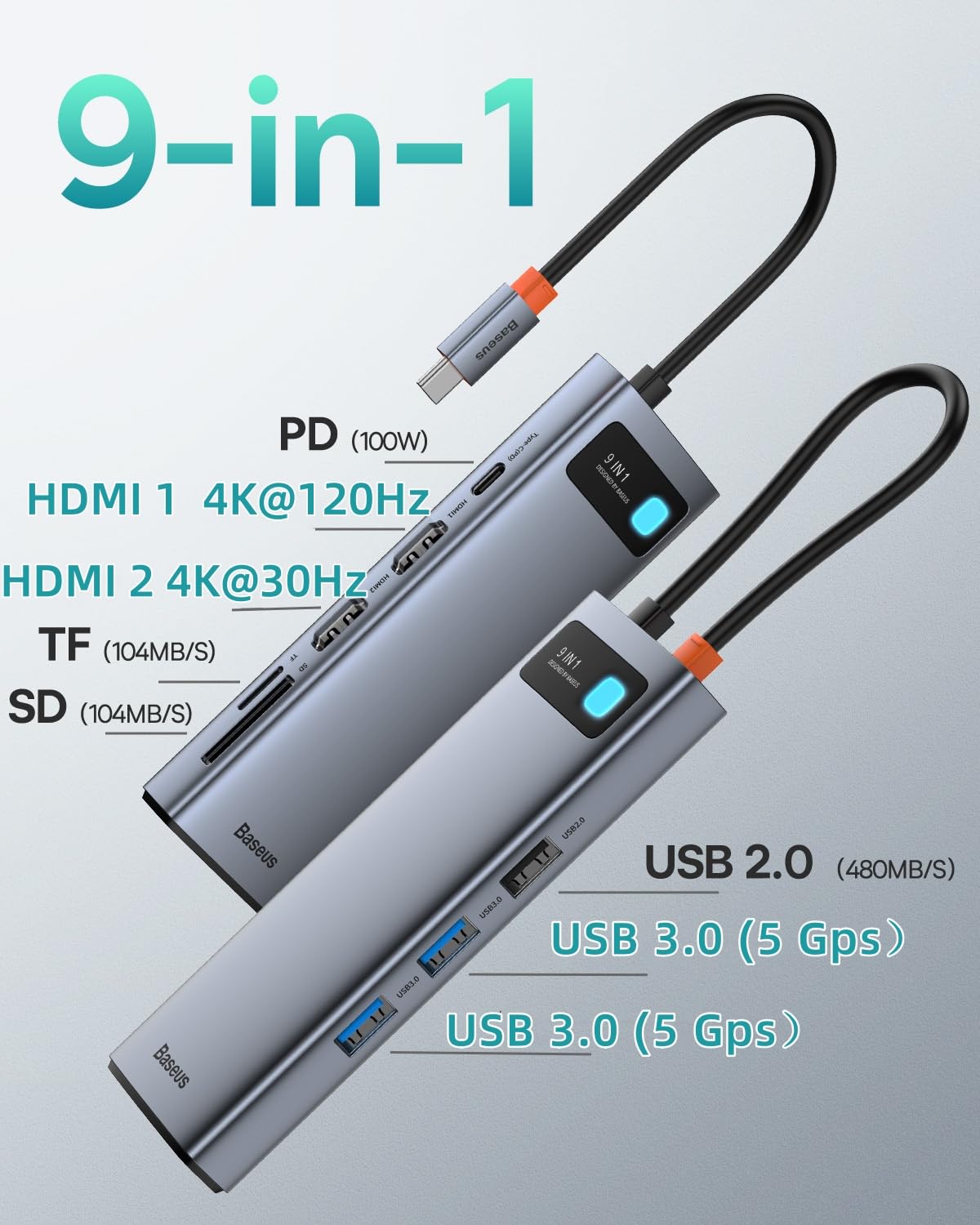 Baseus USB C HUB Dual 4K HDMI Display, 9 in 1 Docking Station 2 HDMI Dual Monitor, Gigabit Ethernet, 100W PD, SD/TF-Kartenleser, 3 USB, USB C Multiport Adapter für MacBook/Dell/HP/Surface/Lenovo