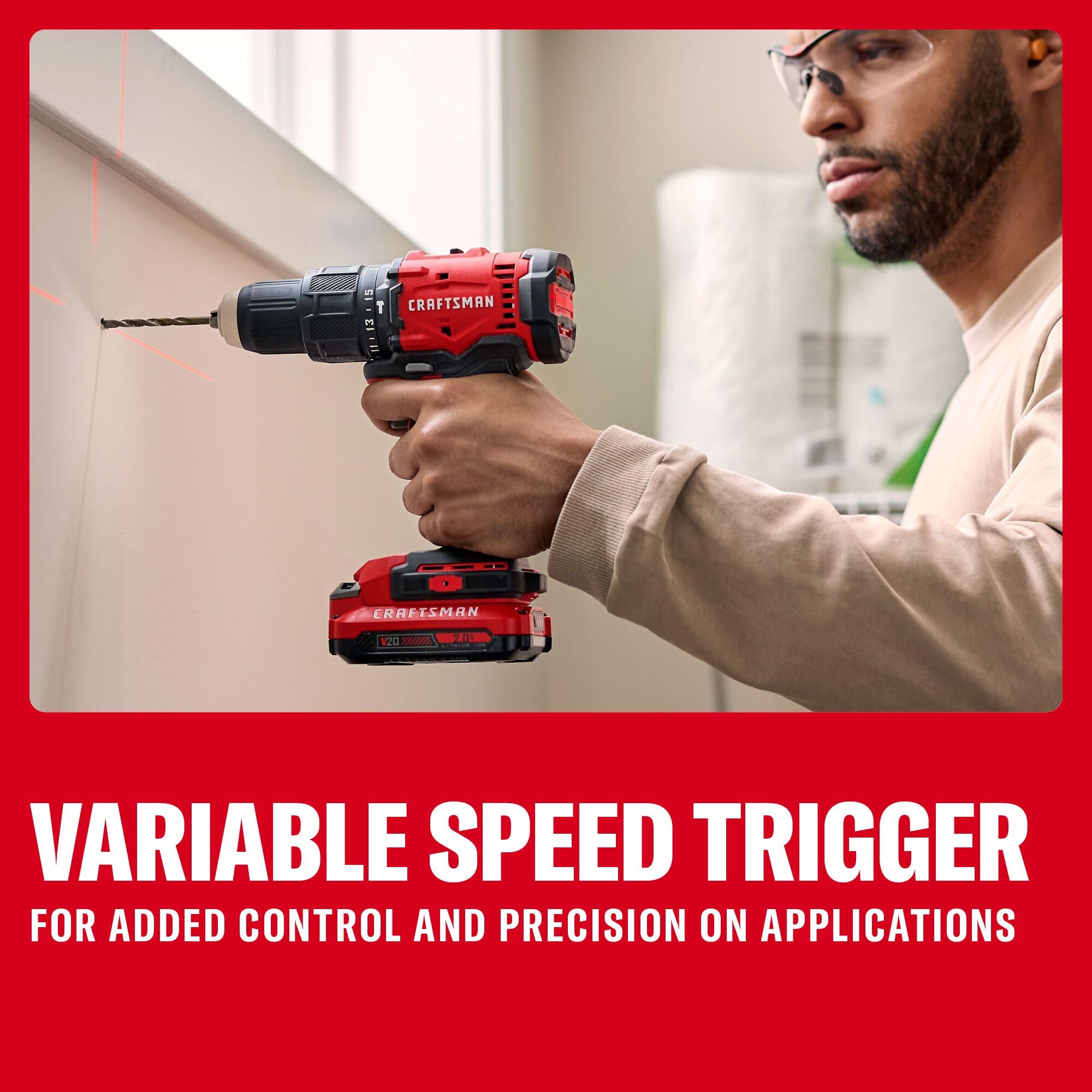 CRAFTSMAN Trapano a percussione senza fili, 20 V, max 1/2, include batteria (2 Ah), caricatore e punta doppia, trapano a percussione a velocità variabile con luce LED (CMCD712D1)