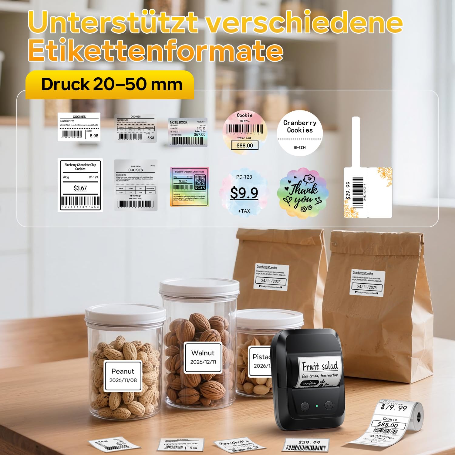 Memoking Bluetooth Etikettendrucker Selbstklebend, Tragbarer Etikettendrucker mit 2000 Symbolen und 300 Vorlagen, Barcode Etikettendrucker für Einzelhandel, kleine Unternehmen, Büro und Zuhause