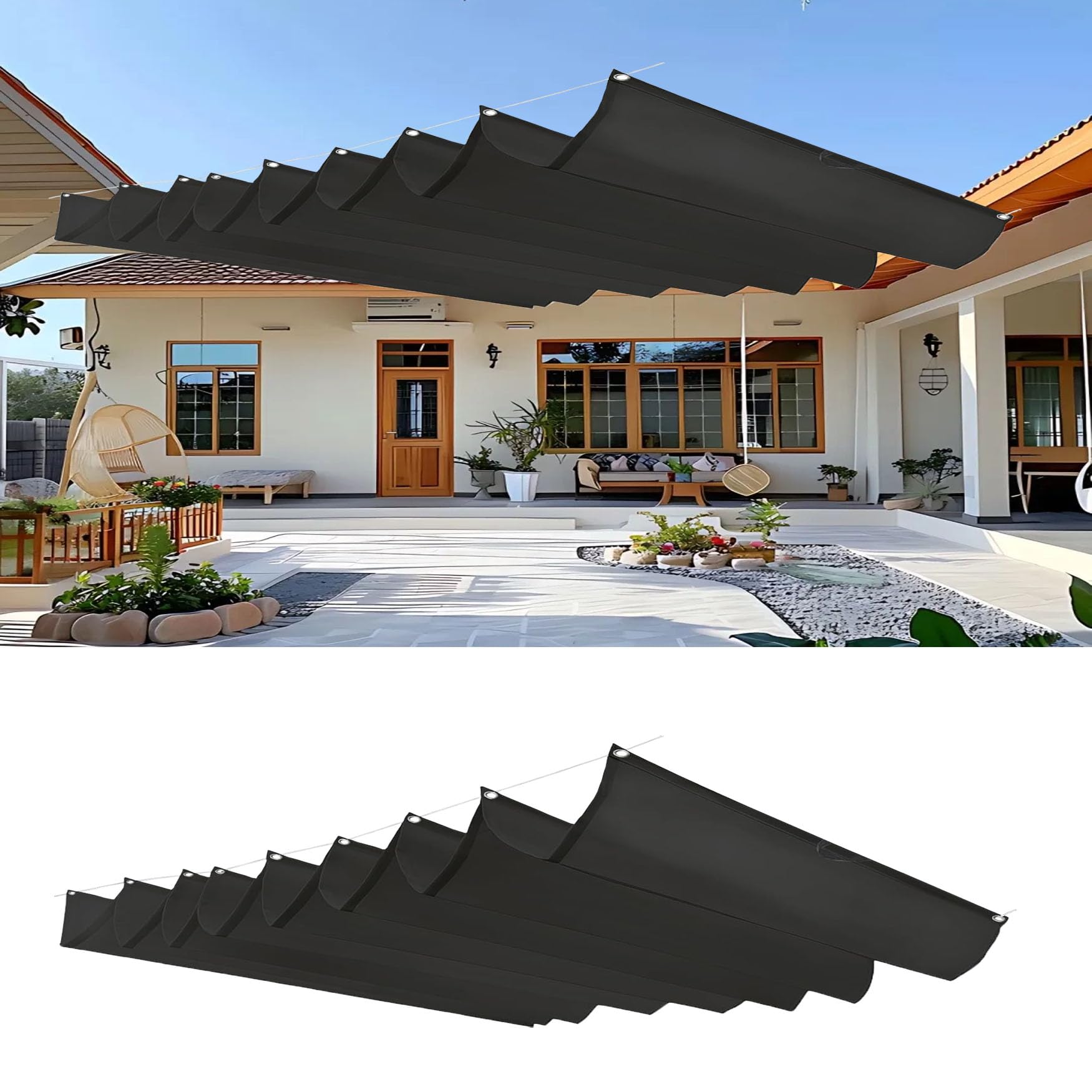 Voile d'ombrage rétractable 1x10 m noir imperméable avec œillets pour pergola