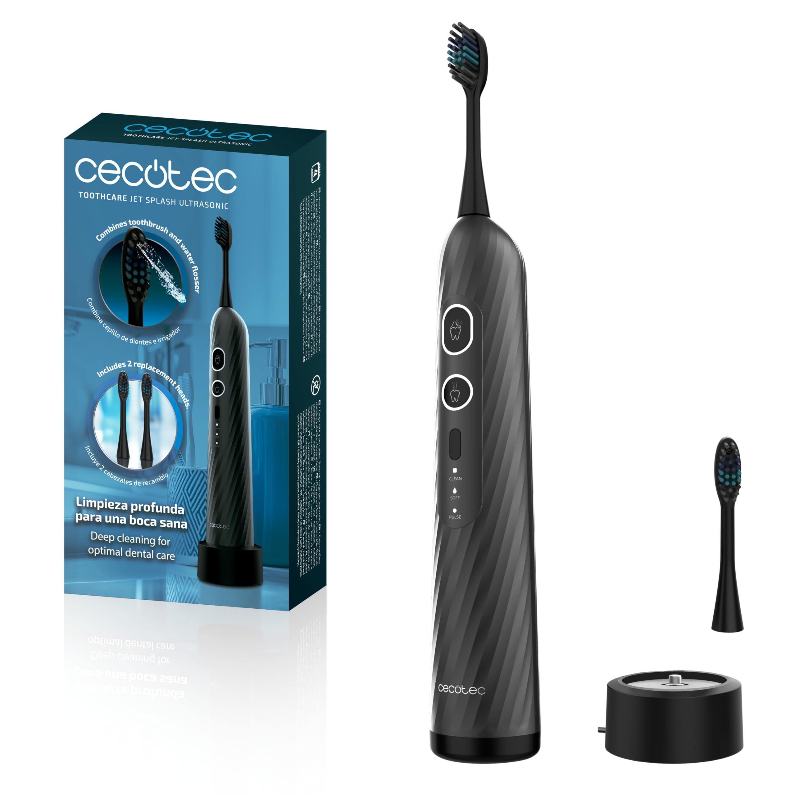Cecotec Cepillo de Dientes Eléctrico e Irrigador en Uno ToothCare Jet Splash UltraSonic. Tanque de 60ml, Base de Carga, 2 Funciones, 3 Modos, 2 Cabezales, AutonomÃa 4 Semanas