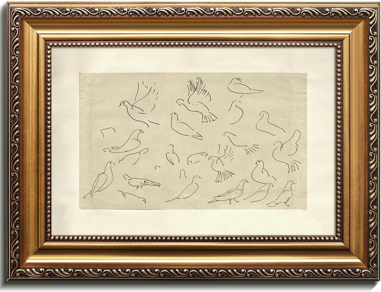 Kizbok Gold Framed Wall Art for Home Decor, Vintage Birds Sketch Line Art Prints, Minimalist Bird Canvas Painting, Rustic Vintage Wall Decor for Bedroom Decor, Aesthetic Farmhouse Deco r Framed Art Picture for Living Room Bathroom Gallery Shelf Decoration - 12x16inch