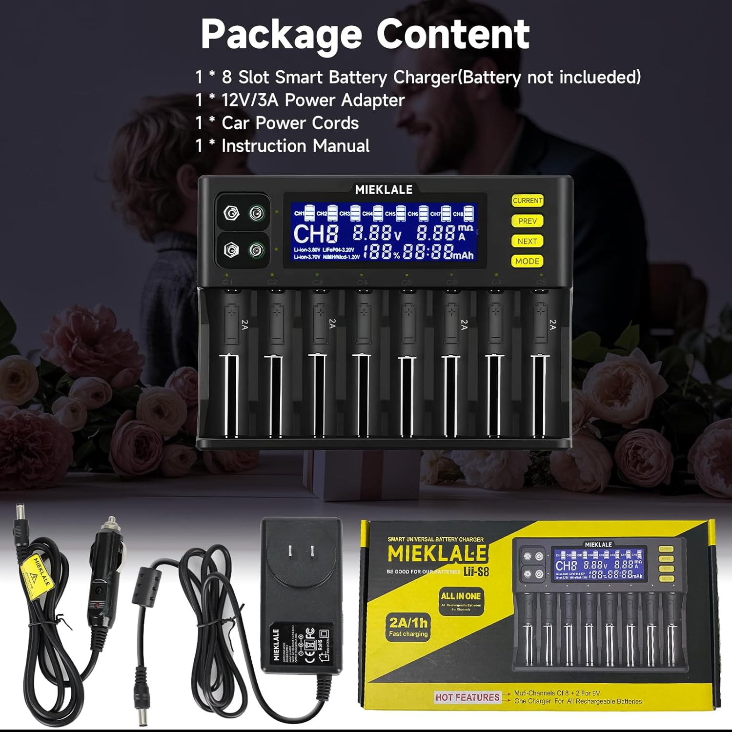 18650 Battery Charger, MIEKLALE 8+2 Bays Smart Universal Battery Charger with LCD Display for Rechargeable Batteries Li-ion LiFePO4 RCR123 16340 26650 10440 14500 & 9V, NiMH NiCd AAA AA(8+2Slots) - Image 9