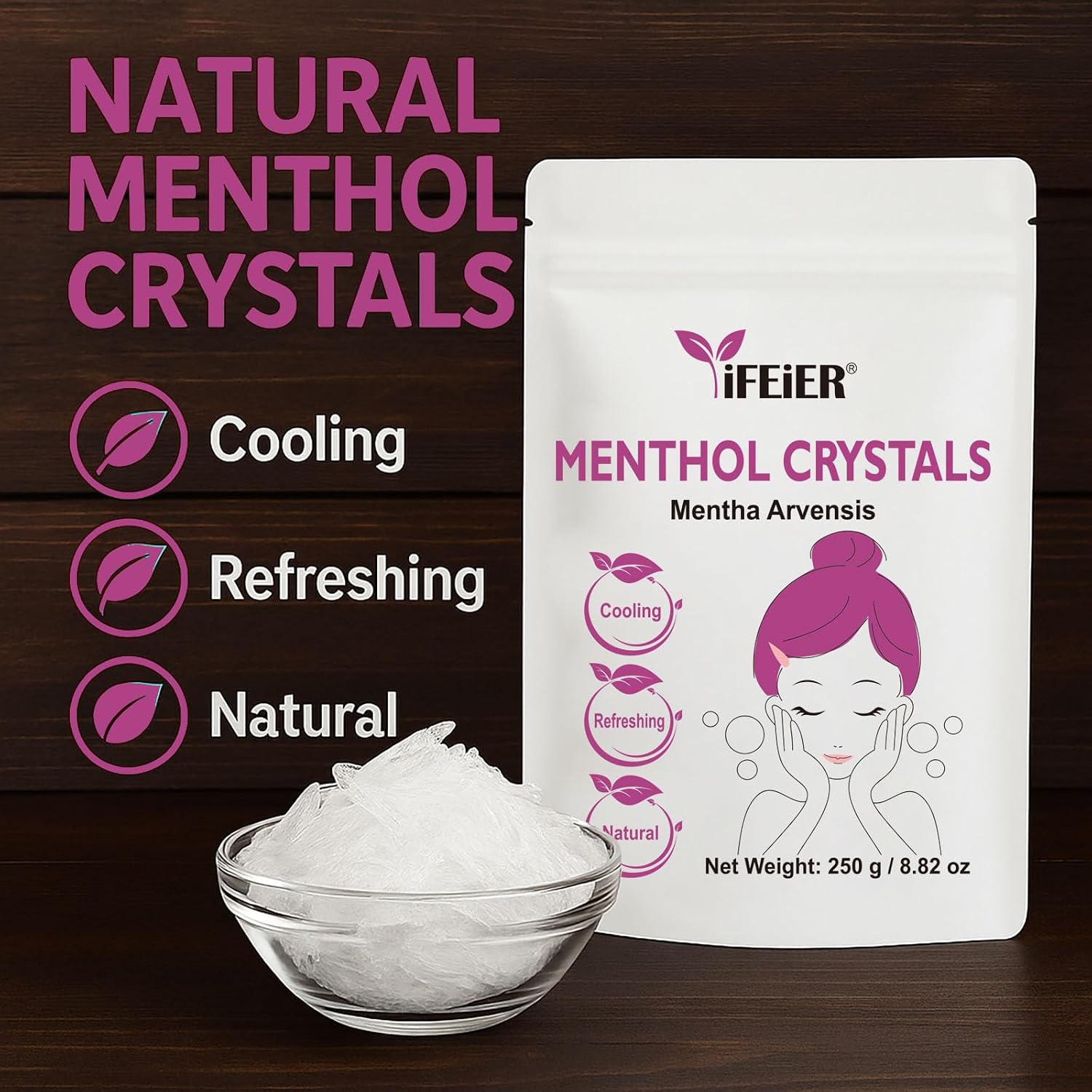 iFEiER 100% Pure Menthol Crystals 250g (8.82oz) | Organic and Natural Mint Crystals | Mentha Arvensis | for Foot Sprays, Candles, Soaks, Creams, Showers, Bath, Steam Rooms and Soap Making.