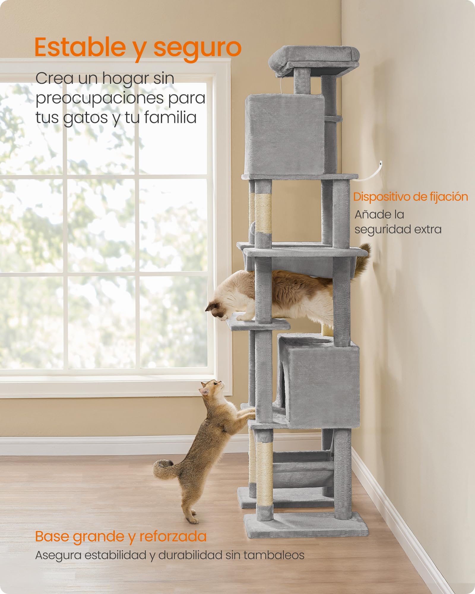 Feandrea Árbol Grande para Gatos, Rascador Multinivel para Gatos XXL, 201 cm de Altura, con una Plataforma, una Cesta, 2 Casas para Gatos, 2 hamacas, Gris Claro PCT195G01