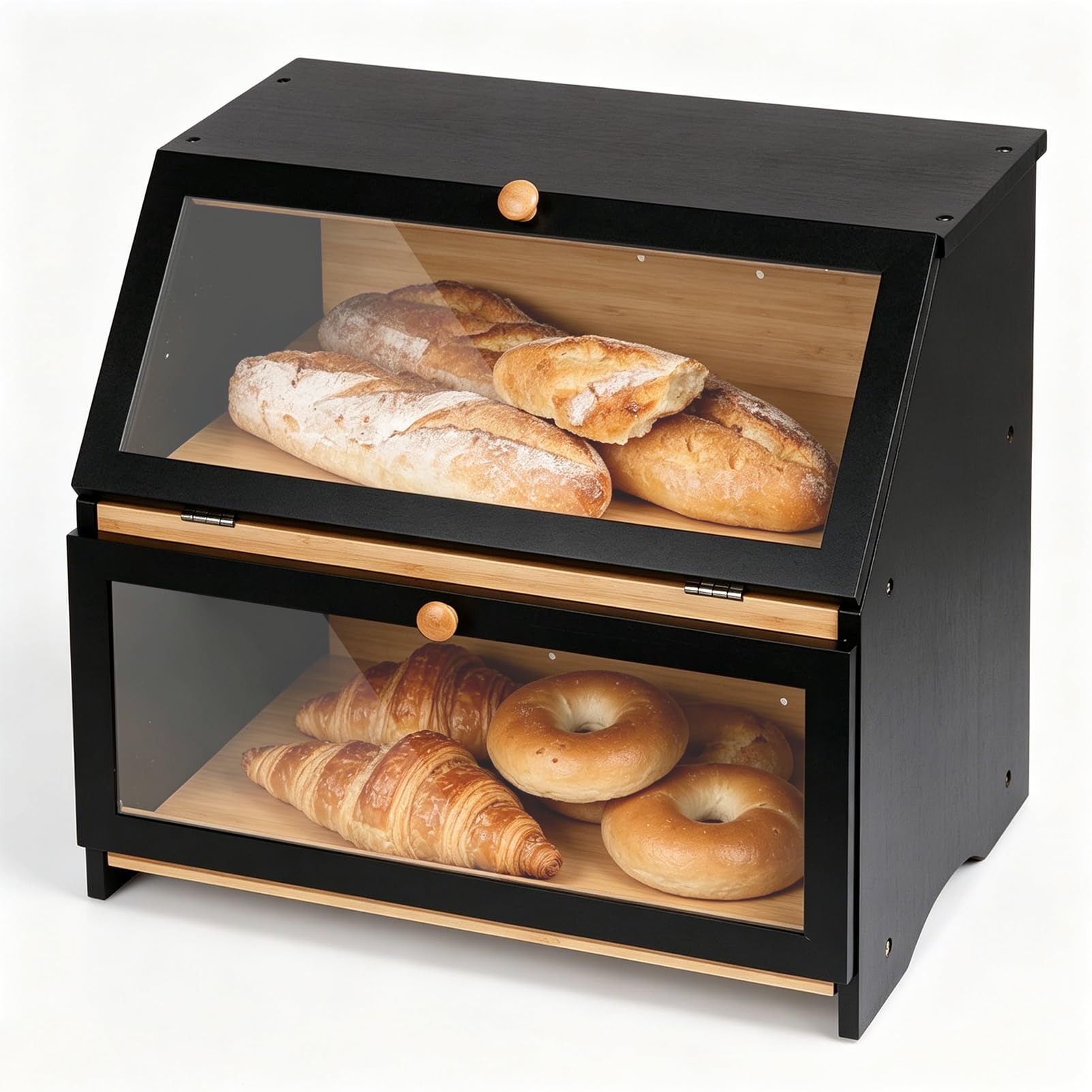 Panera de Bambú de 2 Niveles con Ventana Visible, Caja Grande para Almacenar pan y Tostadas, Botellas de Verduras y Especias del Gabinete de Pan, 39 x 25 x 32 cm (largo x ancho x alto), Negra