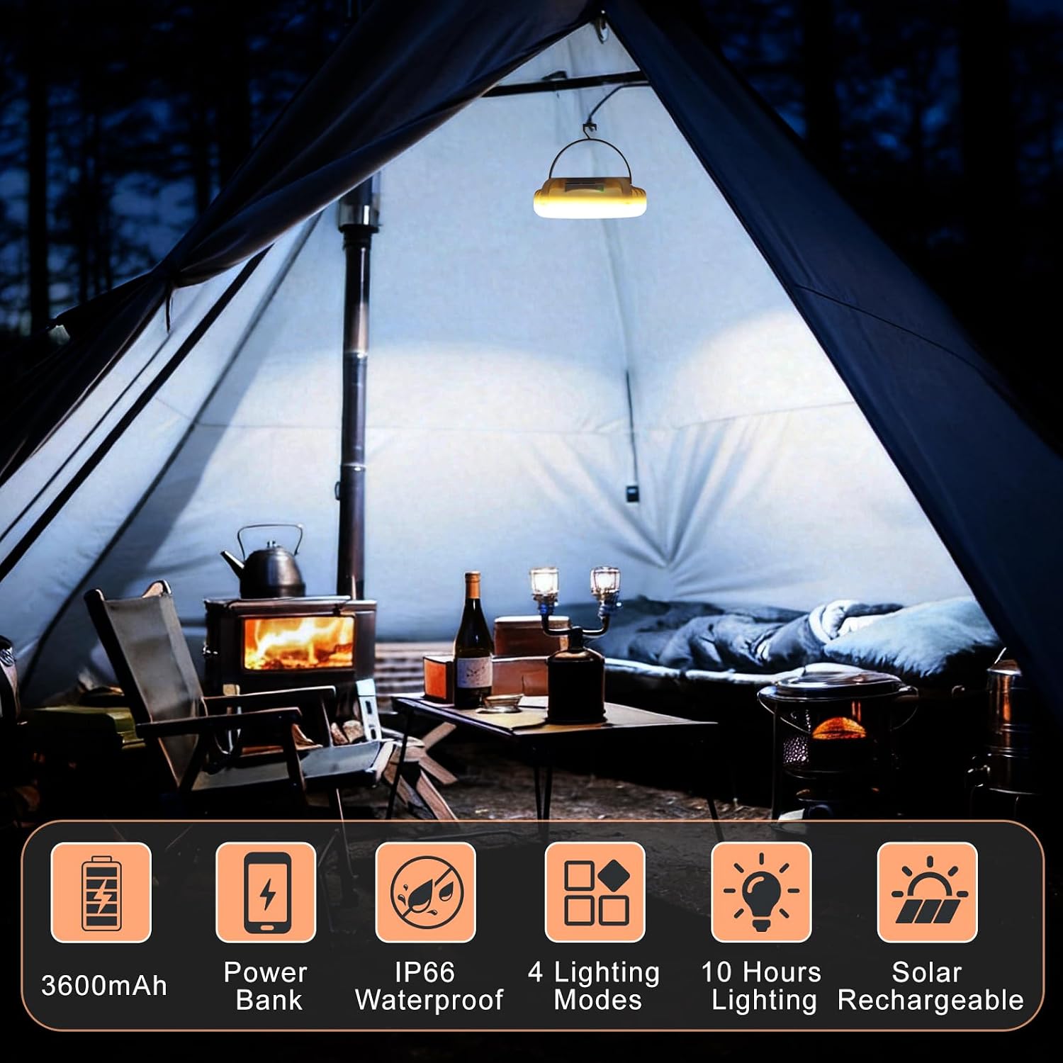 LED Camping Lantern, Solar Rechargeable 3600mAh Lantern with 72 LEDs, 4 Lighting Modes, IP65 Waterproof, Emergency Light for Power Outages, Hurricane, Camping, Hiking, Fishing, Home Use