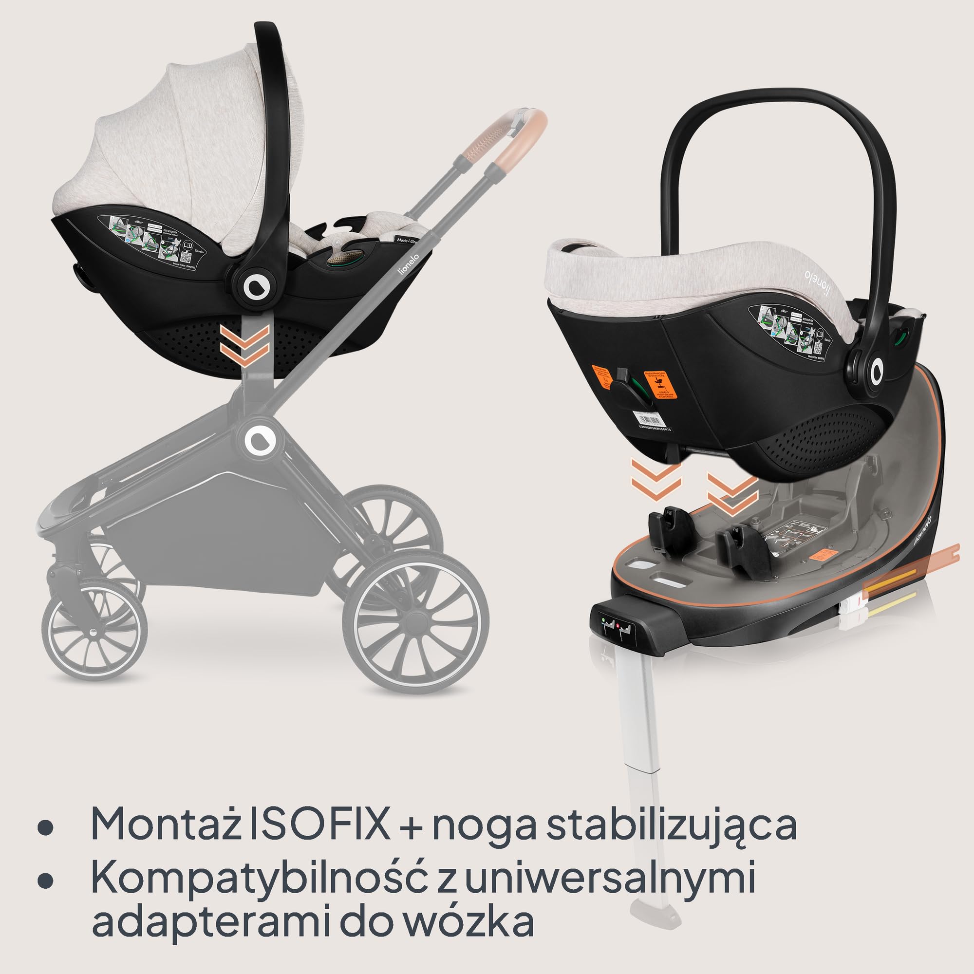 Lionelo Moxie i-Size SET fotelik dziecięcy z podstawą, 40-87 cm, mocowanie ISOFIX i podpórka, ochrona boczna, regulacja zagłówka, wkładka Dri-Seat