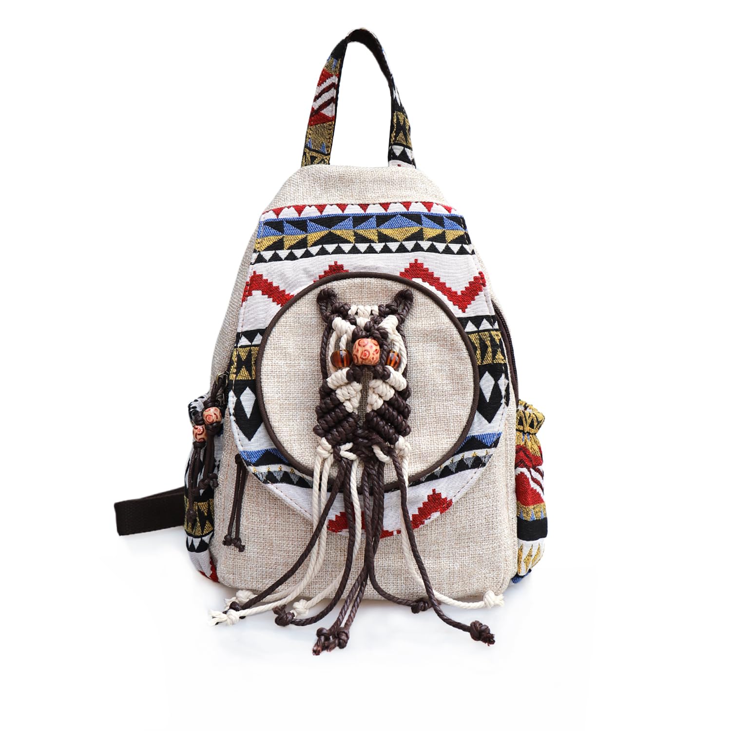 XIAOLZSL Women's small backpack, Fashionable canvas casual women's mini backpack, Hand-woven three-dimensional literary mini hippie bohemian cute double-er bag