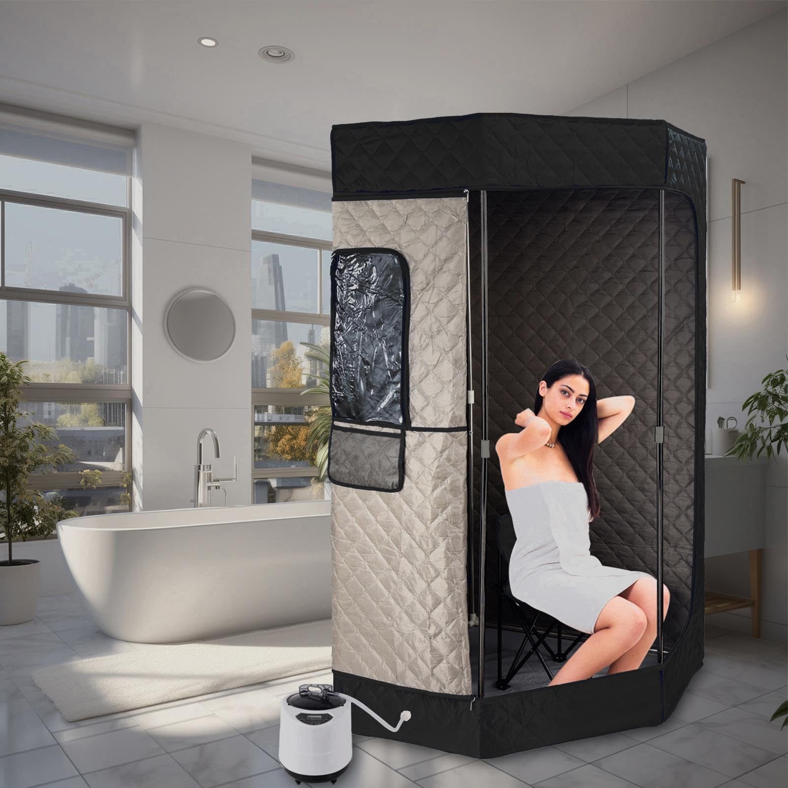 Portable Steam Room - Full Body Pentagon Sauna Room,Large Space for Home Spa Relaxation, with Remote Control, 3L 1200W Steamer, Folding Chair