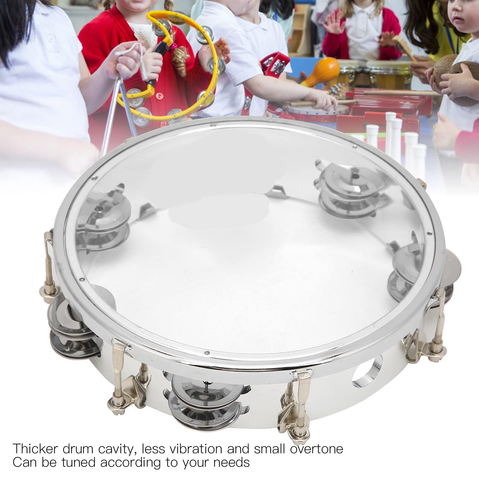 Tambourine, 8in Double Row Metal Jingles, Handheld Tambourine Educational Tambourine Drum Percussion Instrument for Party, Church, Adjustable Tone (Transparent)