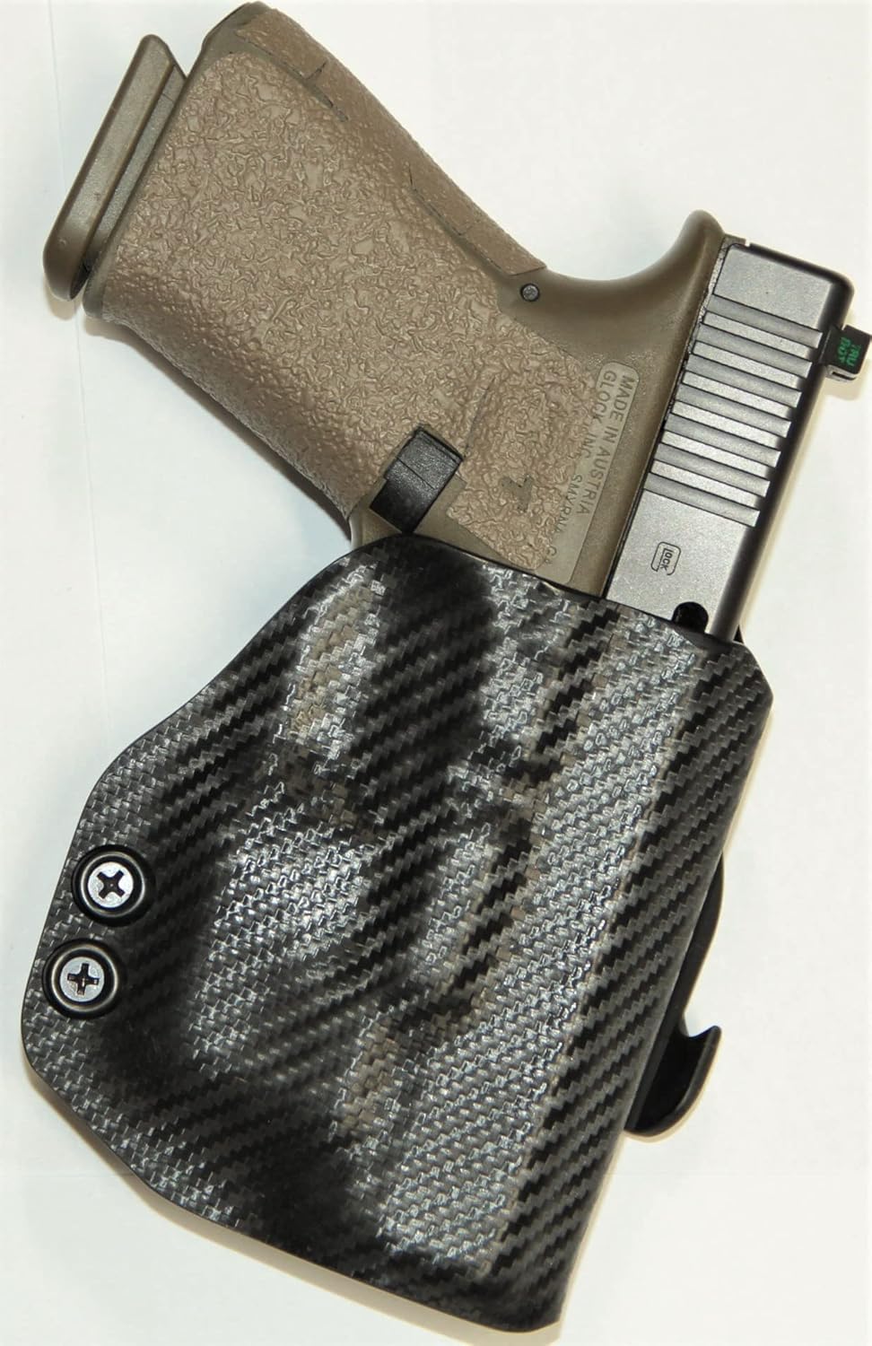 REVKEL Custom Kydex Molded OWB Paddle Holster for Glock 19/19X/23/25/32/44/45 w/Olight Baldr Mini. Black Left Hand Draw. Hand Crafted in Texas, USA.