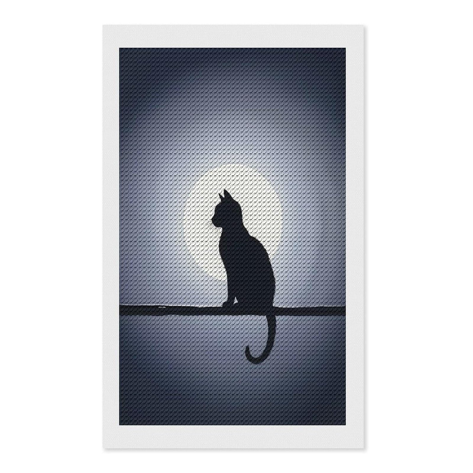 Junmoney Black Cat Silhouette Against Moon Diamond Painting Canvas Kit 12"x20", Adhesive Canvas, Christmas Gift, Full Kit Included, Thoughtful Present