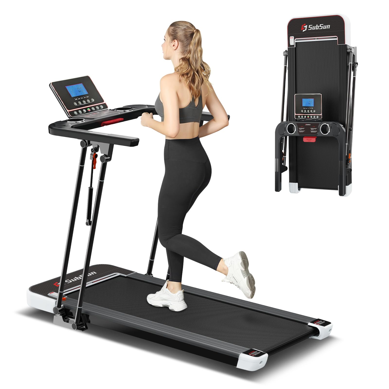 SubSun Foldable Treadmill for Home, Portable Walking Pad with Handle, Manuall/Auto/No Incline, 2.5HP Treadmill with 265 Lbs, Black/White