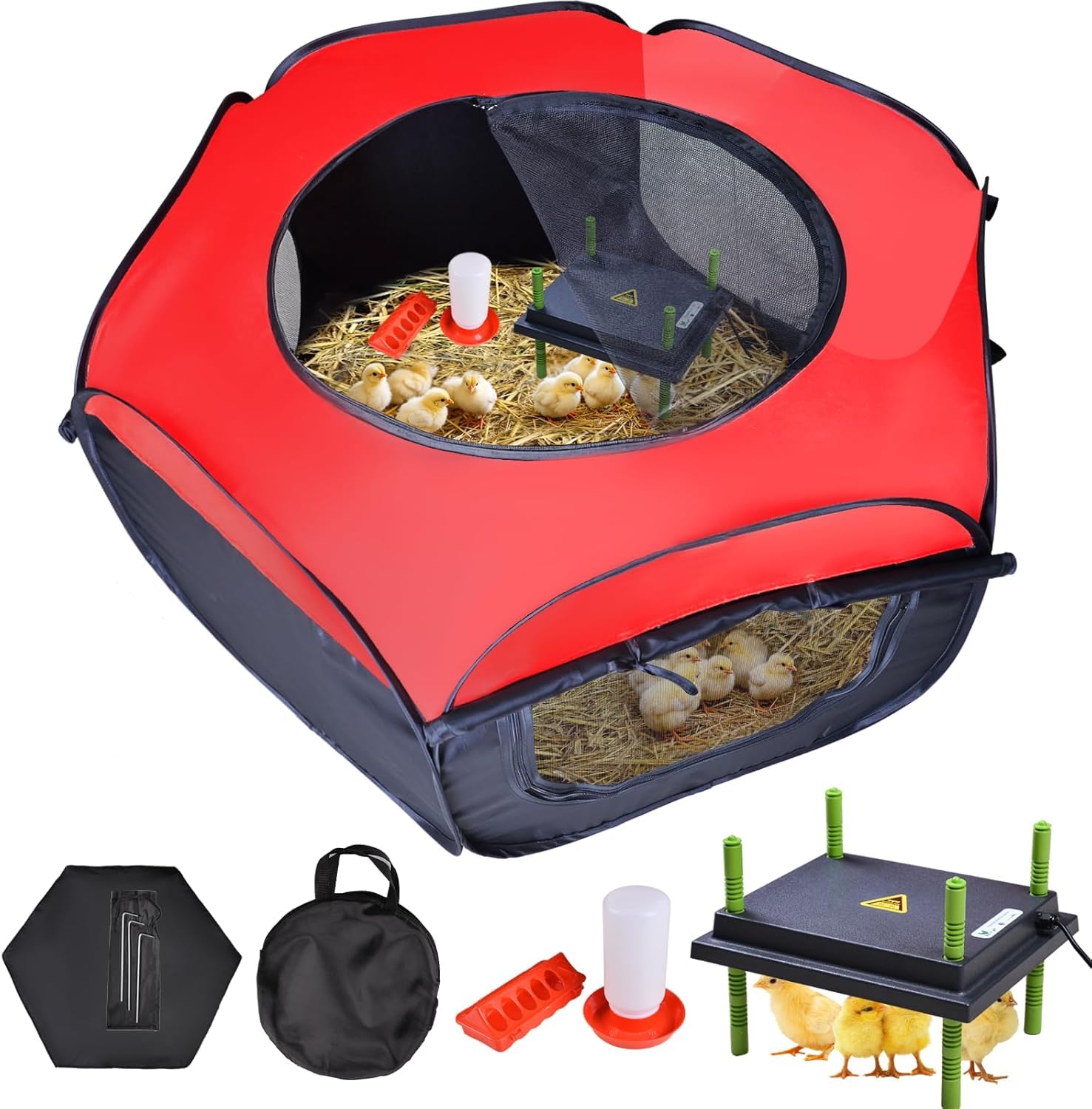 Kükenaufzuchtbox für Küken,Wärmeplatte Küken 25x30cm, Kükenaufzuchtbox, 4-in-1-Set mit Futtertrog und Tränke