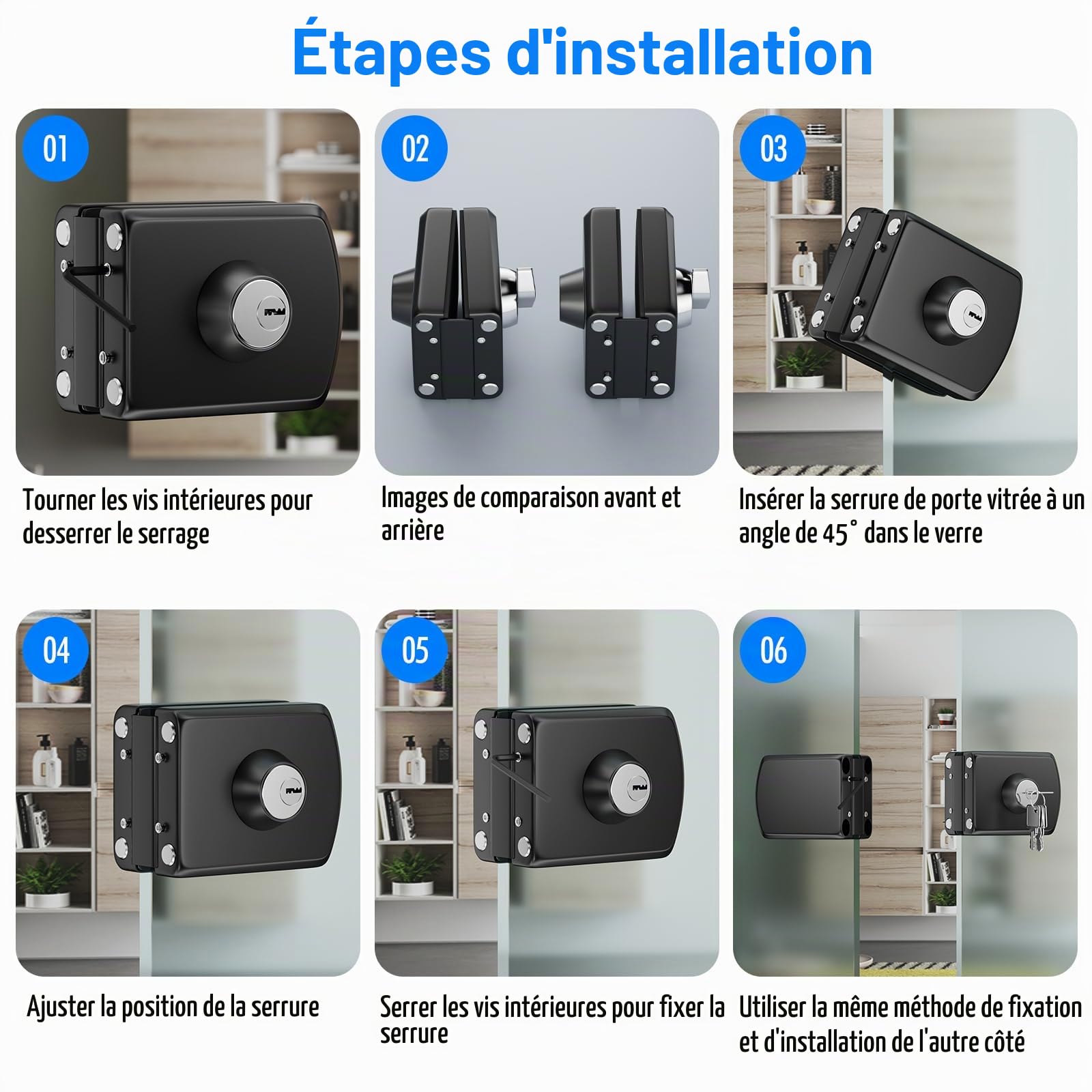 Serrure pour Porte en Verre Sans Perçage en Acier Inoxydable 304, Finition Noir Mat, Double Verrouillage Clé et Bouton, Sécurité Renforcée pour Verre Trempé 10–12 mm, Maison Bureau Salle de Bain