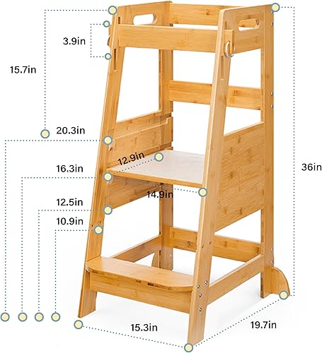 Miniatura 4 de TOETOL Taburete de bambú para niños pequeños, taburete de aprendizaje de cocina, torre de ayuda para niños pequeños, 3 alturas ajustables para